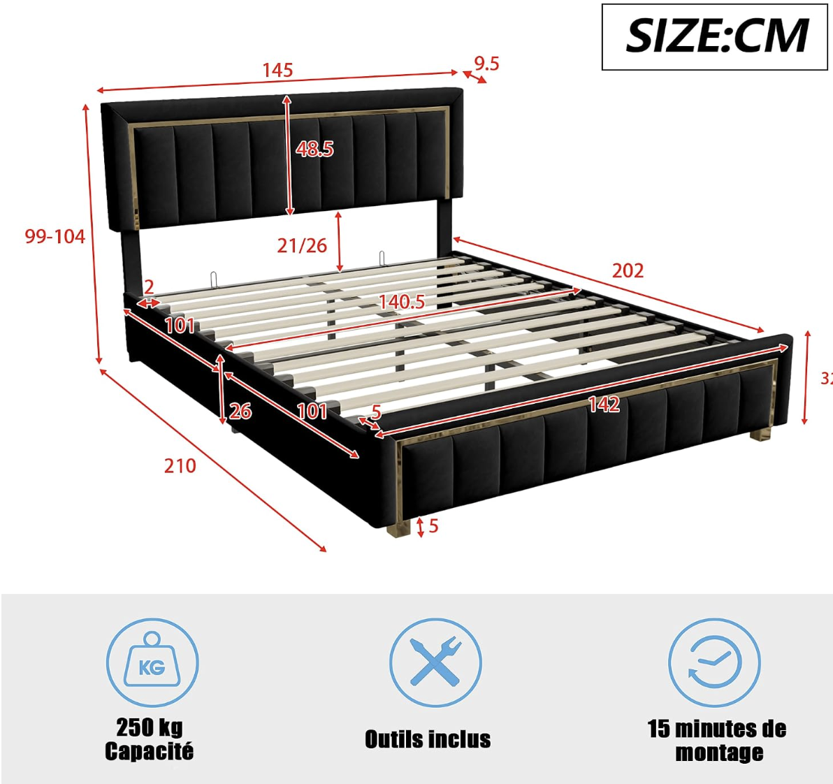 Mutuolux Lit Coffre 140x200 de Rangement avec Tête de Lit Matelassée miniature 2