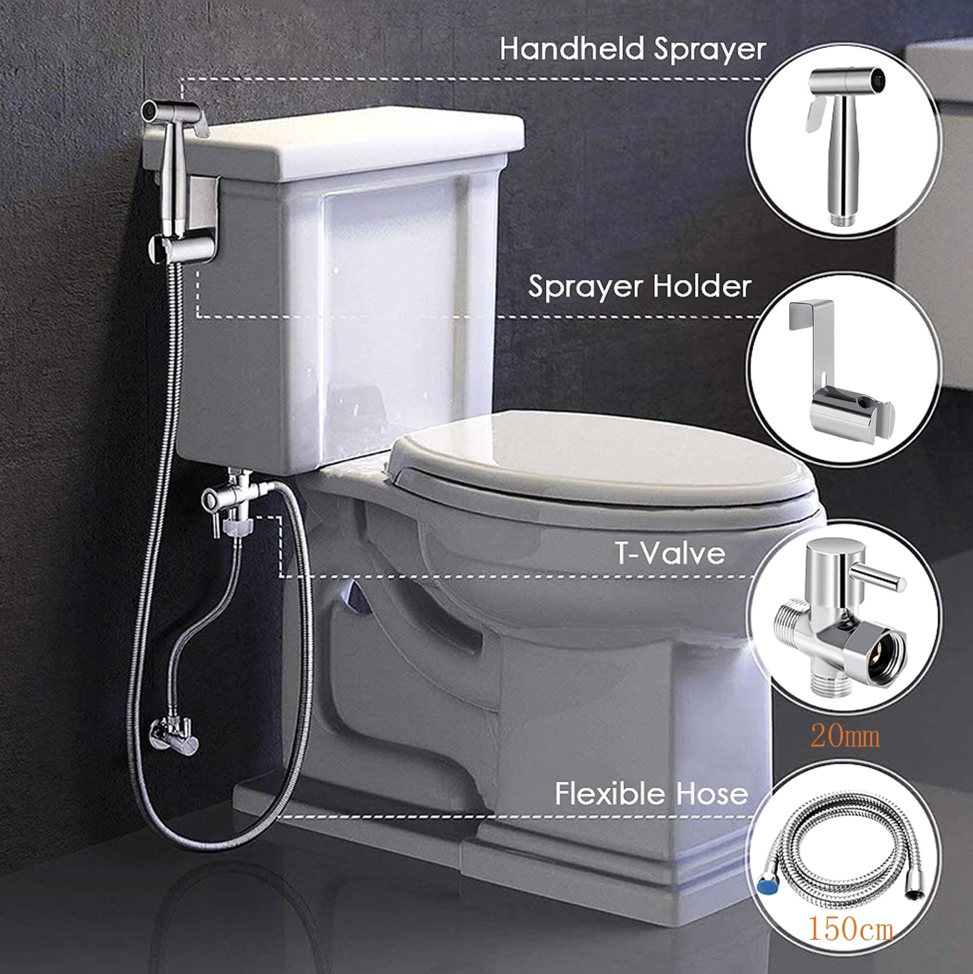 2 Pulvérisateur de bidet de toilette en acier inoxydable, pulvérisateur de toilette portatif avec tuyau de 1,5 et vanne de dérivation de 20mm (argent) miniature 3