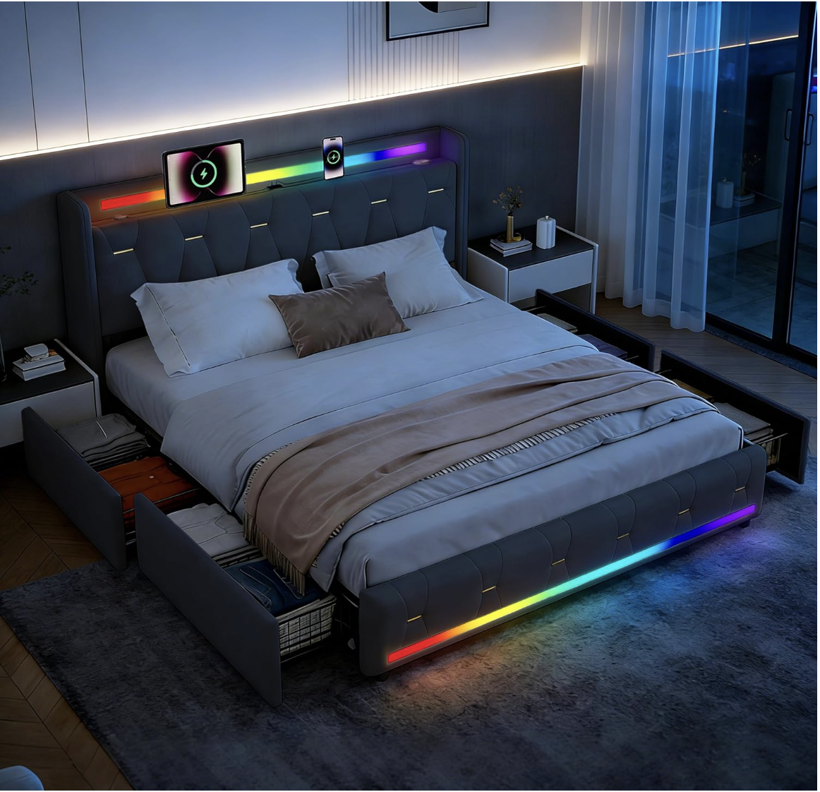  EBSFBD Cadre de lit 140x200 cm avec Enceinte Bluetooth, Velours, Noir | 4 tiroirs de rangement, lit capitonné, éclairage d'ambiance LED, USB  miniature 4