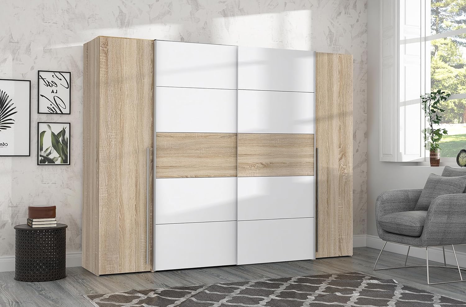 Deine Tante Emma Forte Narago 270 Armoire à Portes coulissantes avec Portes pivotantes Blanc combiné avec décor en Bois chêne Sonoma 270,3 cm de Large x 210,5 cm de Haut x 61,2 cm de Profondeur