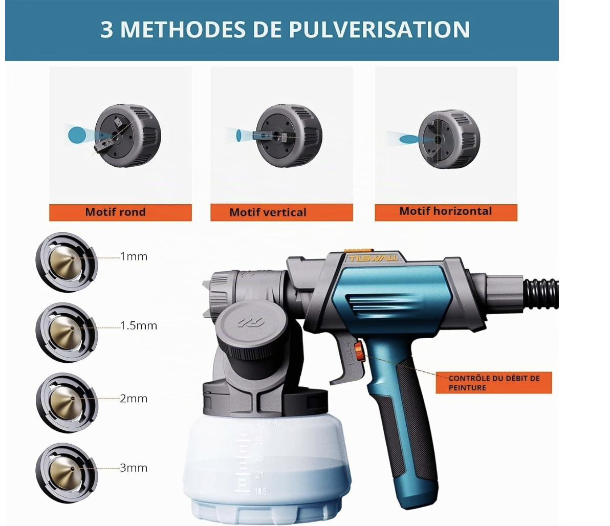 Tilswall Pistolet à Peinture Shark800, Pistolet Peinture Electrique, Bleu | Réservoir Latéral 1300 ML, 4 Buses en Cuivre et 3 Modes miniature 3