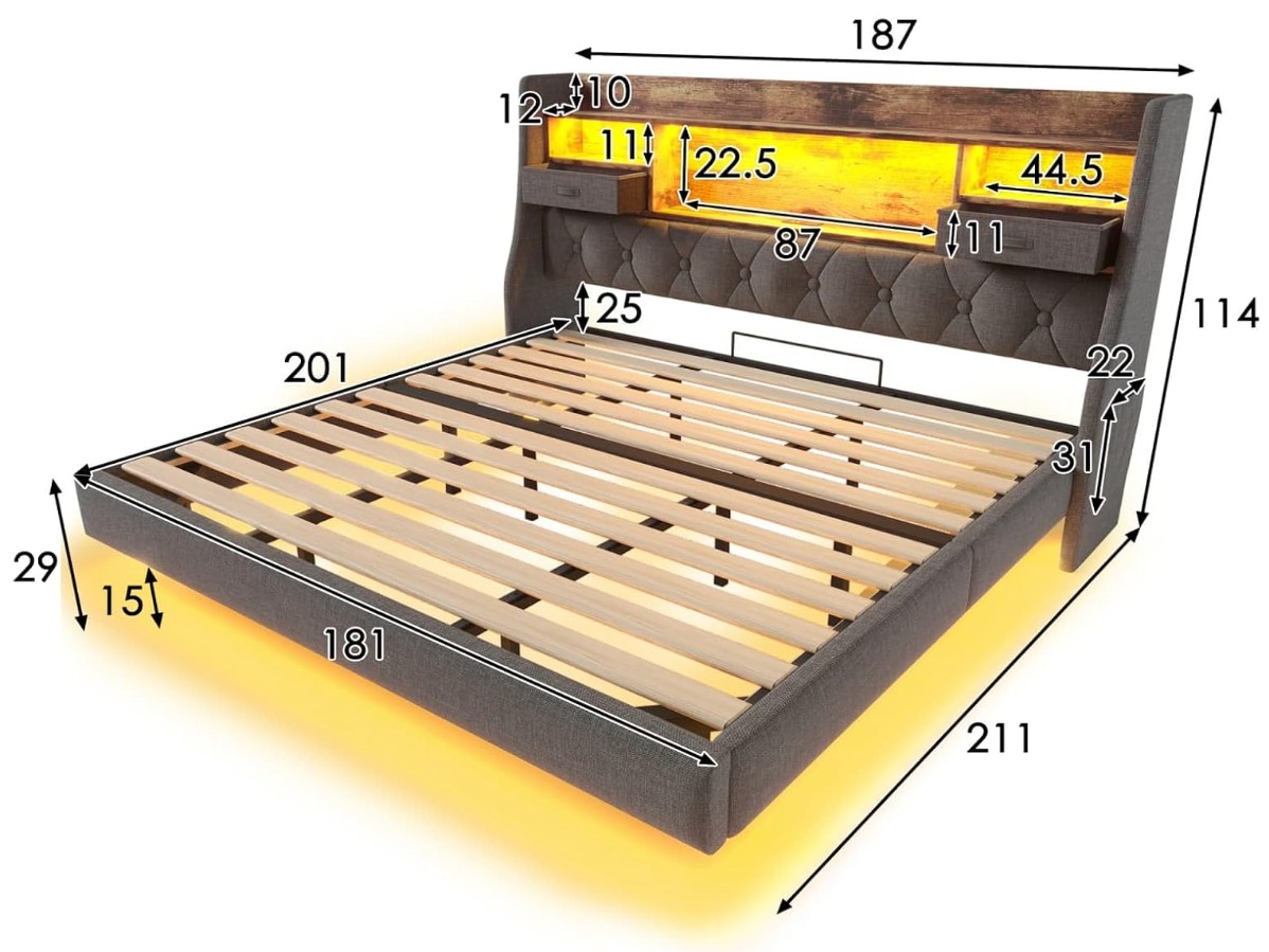 KOMHTOM Lit Suspendu Rembourré avec éclairage LED(180x200CM-Gris) | Lit Double Moderne,2 Tiroirs,Ports USB et Type-C,Tête de lit à Rangement et Sommier miniature 2