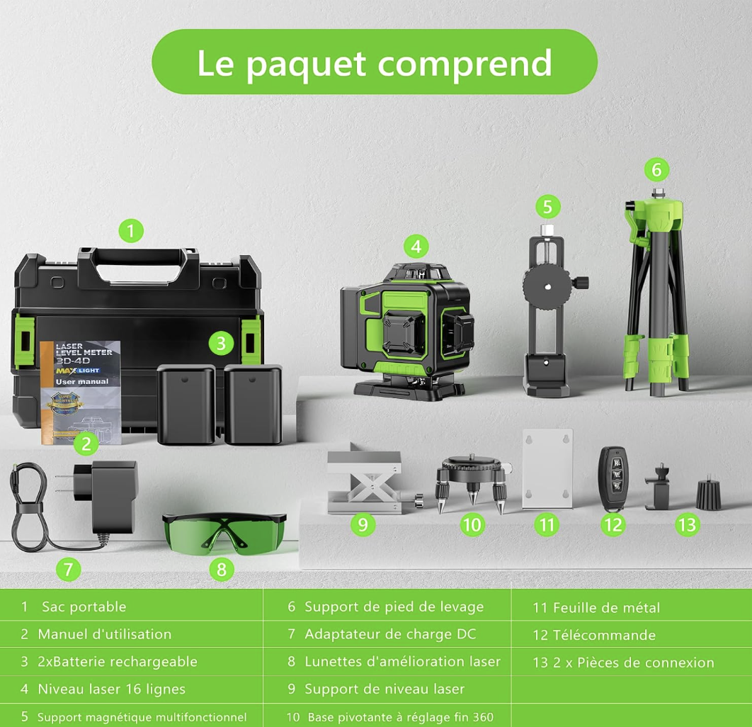 Niveau Laser Chantier Autonivelant 360° x 4, Lazer Niveaux 4D 16 Lignes Laser, Mode Impulsion ExtéRieur, 2 x Batterie, Nivellement Automatique miniature 7