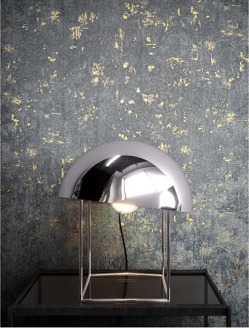 papier peint intissé anthracite béton doré salon loft | accents métallisés or, ciment vieilli chatoyant, esprit glamour industriel, revêtement mural miniature 2