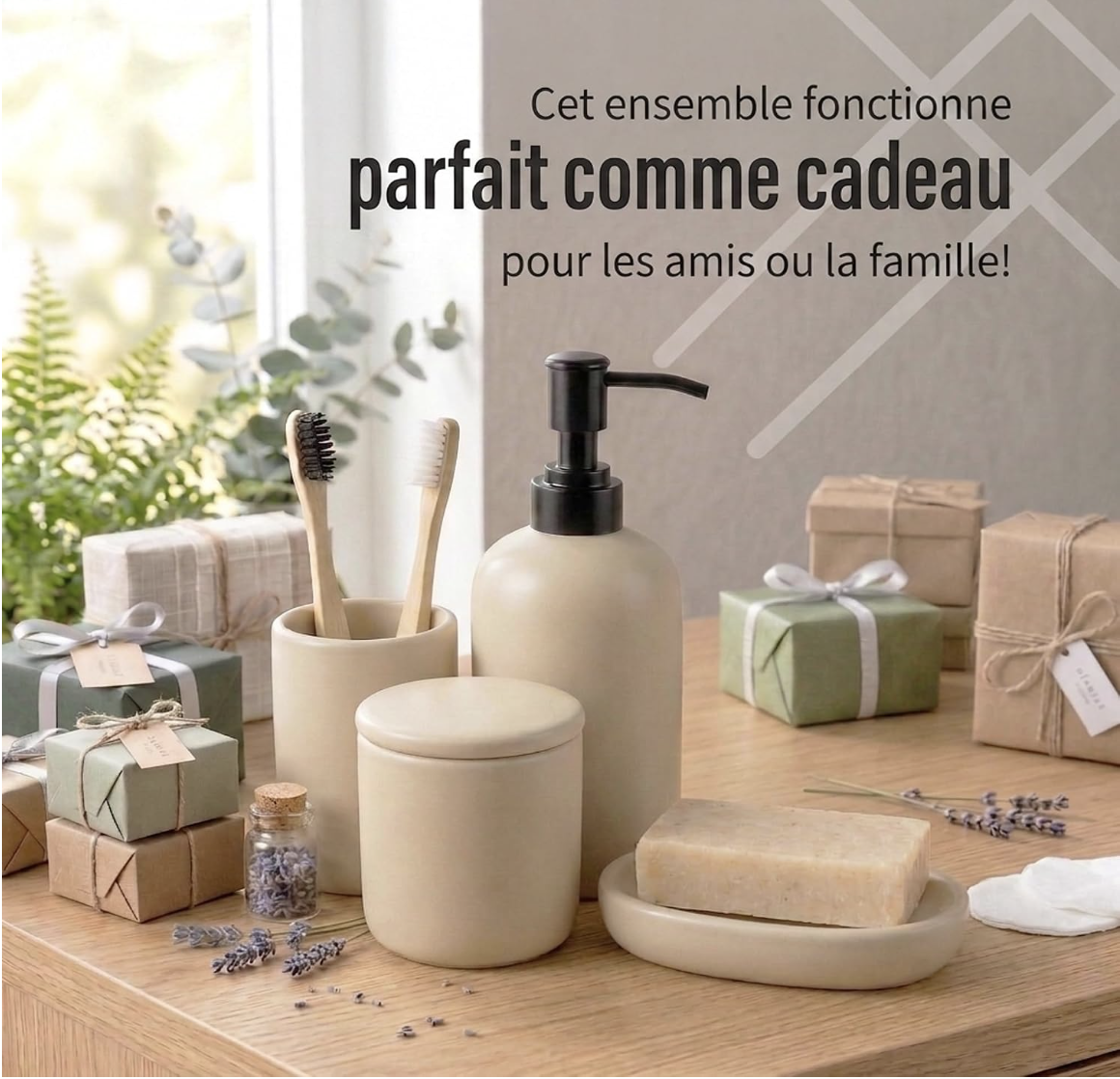Ensemble d'Accessoires de Salle de Bain en Céramique | 4pk | Crème | Distributeur de Savon + Porte-Brosses à Dents + Porte-Savon + Gobelet miniature 3