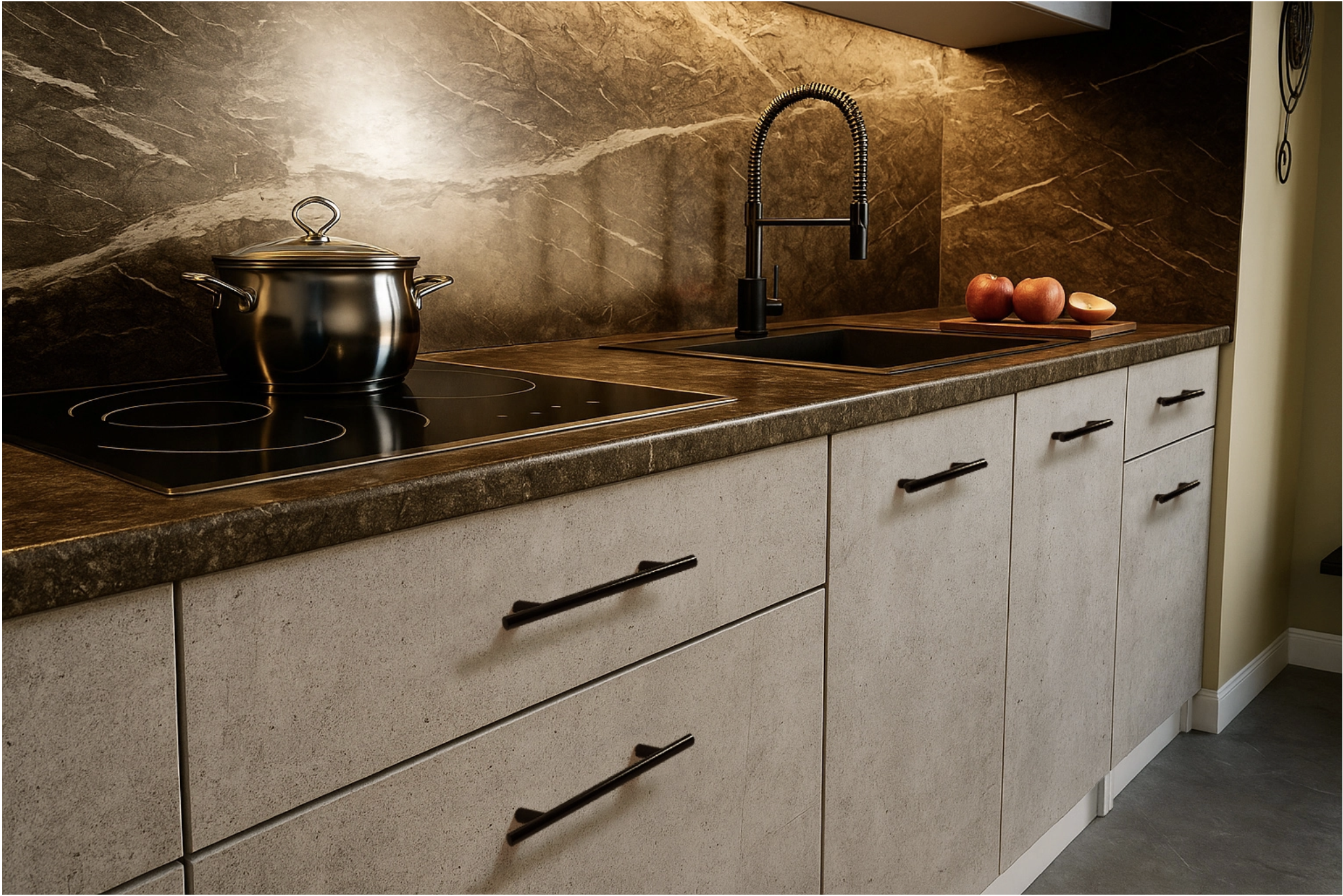 Cuisine complète VIKI Béton gris 300 cm avec colonne four 9 éléments 18 mm miniature 3