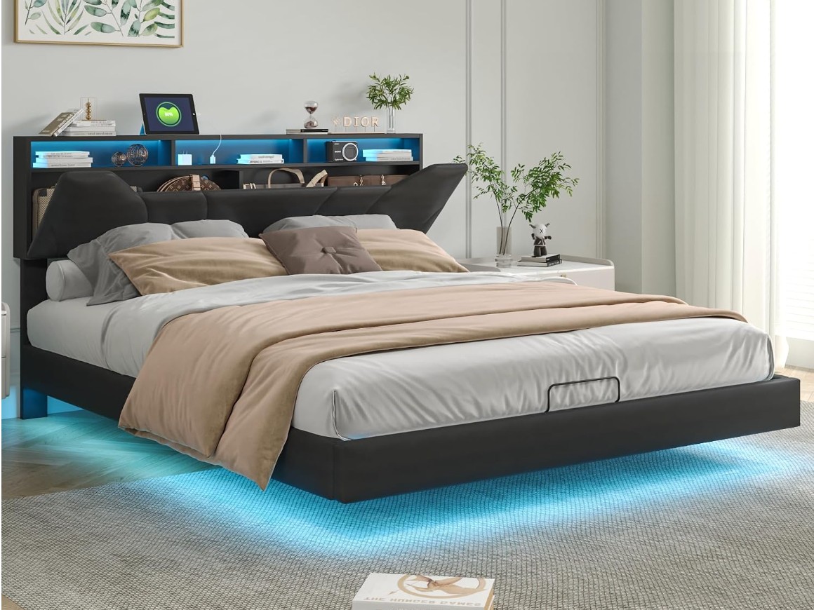 JDEFARF Lit double suspendu avec coffre et LED 160 x 200 cm, lit coffre rembourré en polyuréthane noir, lit double avec tête de lit miniature 5