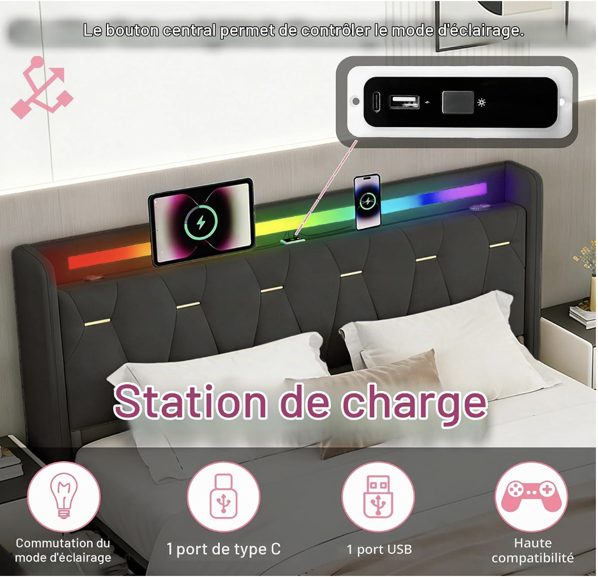 EBSFBD Cadre de lit 140x200 cm avec Enceinte Bluetooth, Velours, Noir | 4 tiroirs de rangement, lit capitonné, éclairage d'ambiance LED, USB  miniature 6