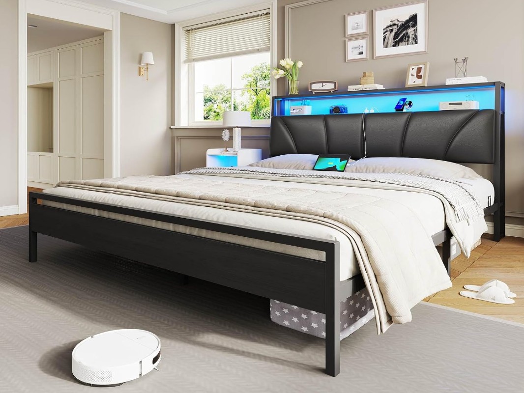Brinlawb Cadre de lit 160x200 avec Sommier Métal Lit 2 Personnes avec Lumières LED et Multiprise (2 Prises AC, 2 Ports USB) lit Double 160x200 miniature 7