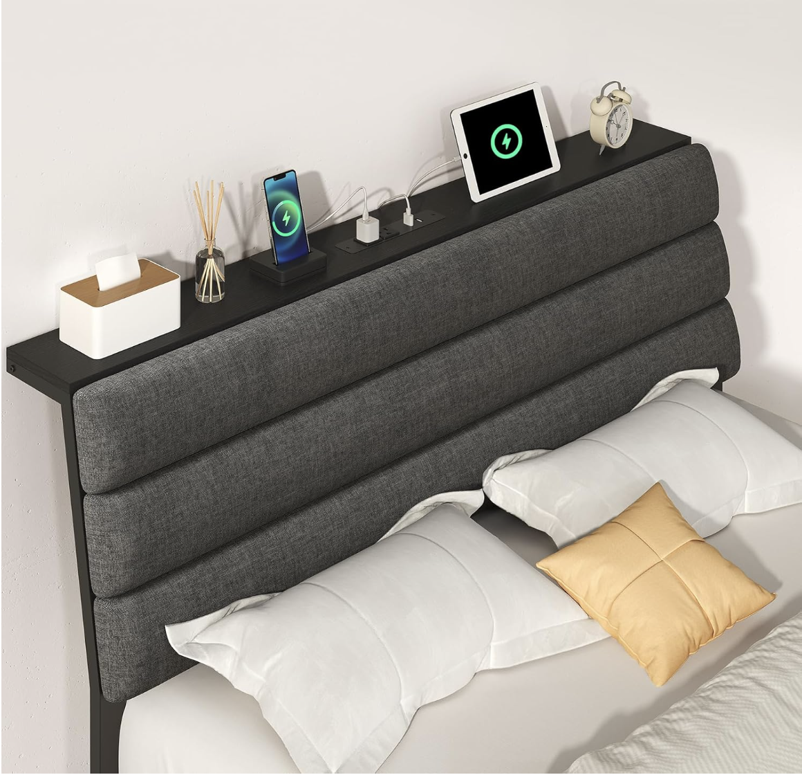 STHYTON 140 x 190 cm Cadre de Lit, Lit Flottant Suspendu avec Éclairage LED, Tête de Lit Rembourrée avec Rangement et Multiprise, Structure Métallique miniature 4