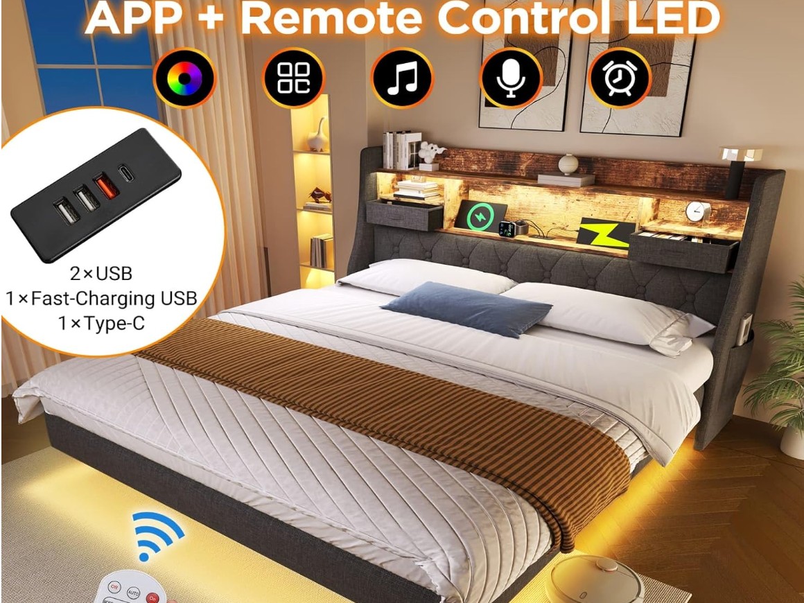 KOMHTOM Lit Suspendu Rembourré avec éclairage LED(180x200CM-Gris) | Lit Double Moderne,2 Tiroirs,Ports USB et Type-C,Tête de lit à Rangement et Sommier miniature 3