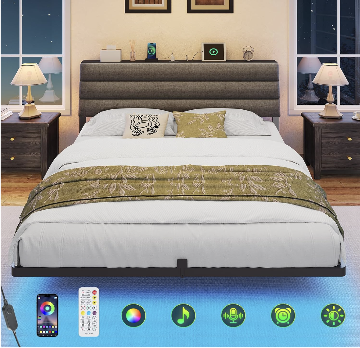 STHYTON 140 x 190 cm Cadre de Lit, Lit Flottant Suspendu avec Éclairage LED, Tête de Lit Rembourrée avec Rangement et Multiprise, Structure Métallique miniature 3