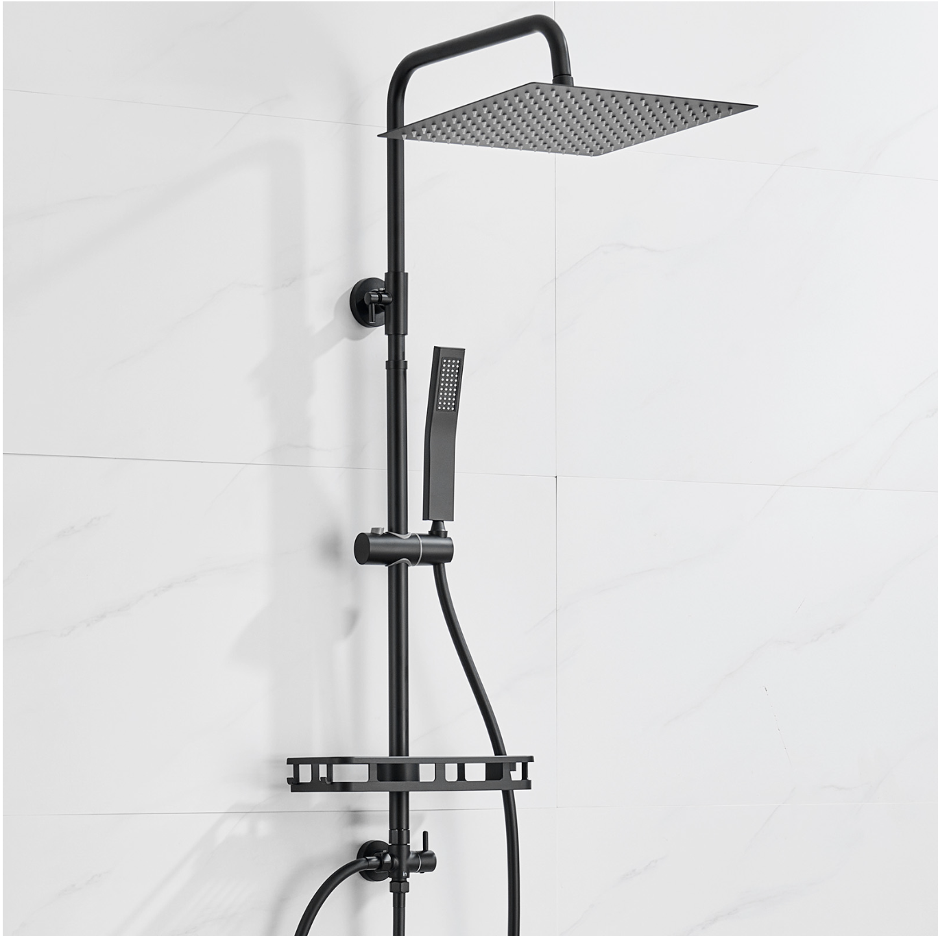 Auralum Max Colonne Douche Sans Mitigeur Noire,Tête Carrée 30×30 cm,Hauteur Réglable 72-110 cm,Douchette Main,Étagère Sans Perçage/Flexible 1,5 m