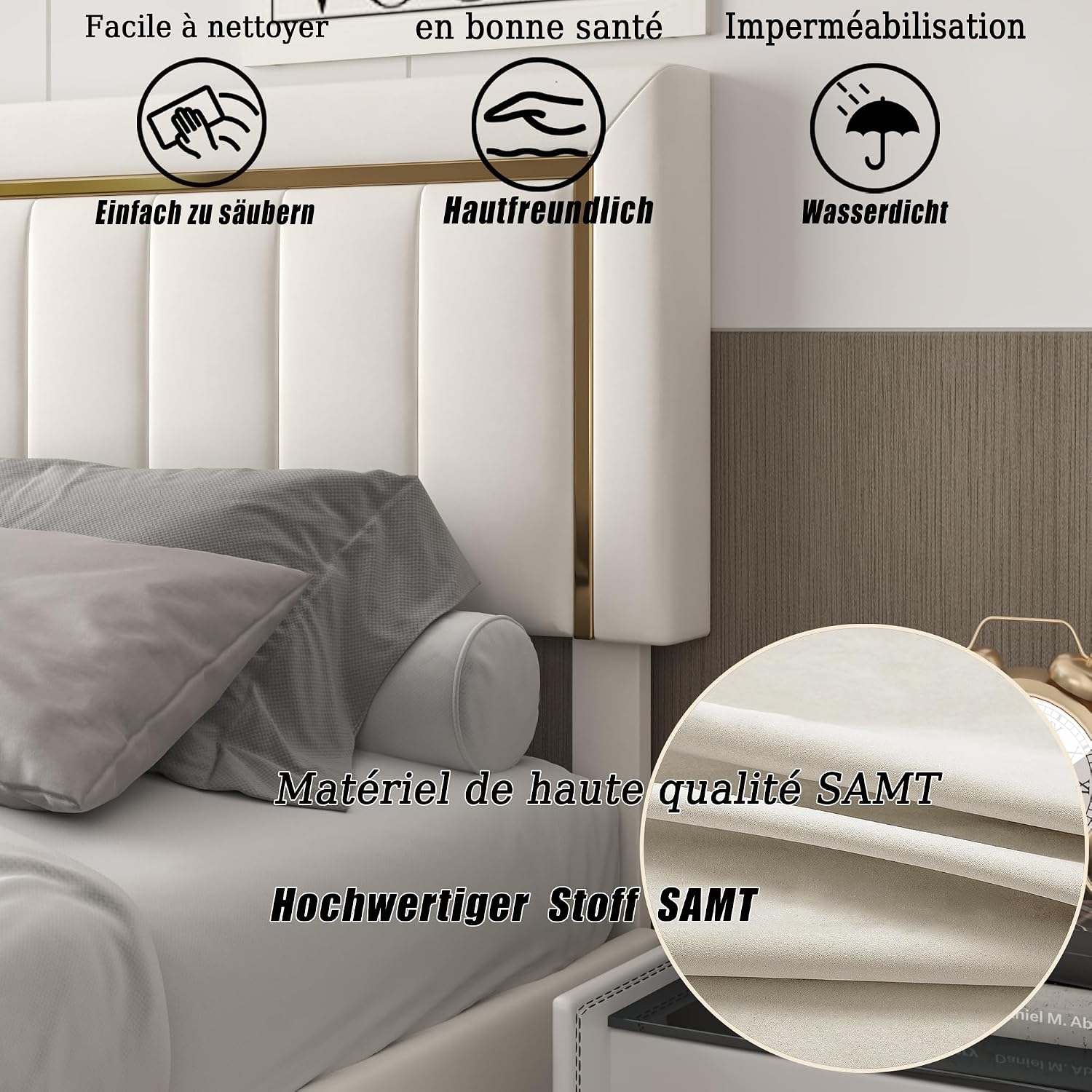 Mutuolux Lit Coffre 160x200 de Rangement avec Tête de Lit Matelassée, Lits Double avec Hydraulique et sommier à Lattes,Cadre en Velours Blanc avec Bordures miniature 3