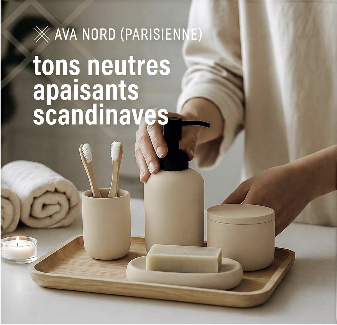 Ensemble d'Accessoires de Salle de Bain en Céramique | 4pk | Crème | Distributeur de Savon + Porte-Brosses à Dents + Porte-Savon + Gobelet miniature 2