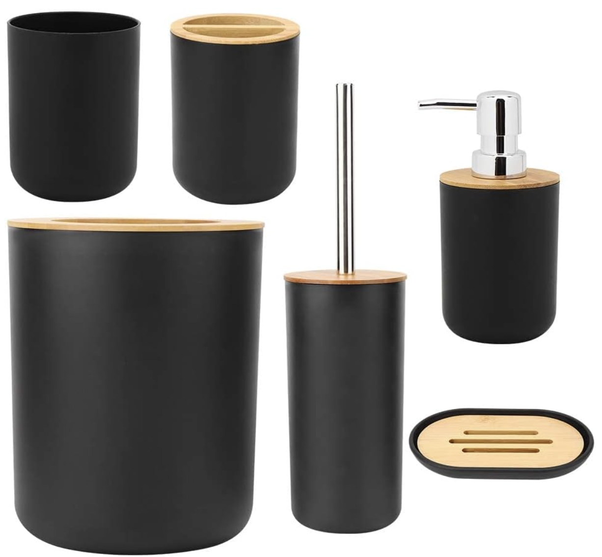 Ensemble d'Accessoires de Salle de Bain 6 Pièces, Noir, Distributeur de Lotion, Porte-Brosse à Dents, Tasse à Dents, Porte-Savon, Brosse de Toilette, Poubelle miniature 6