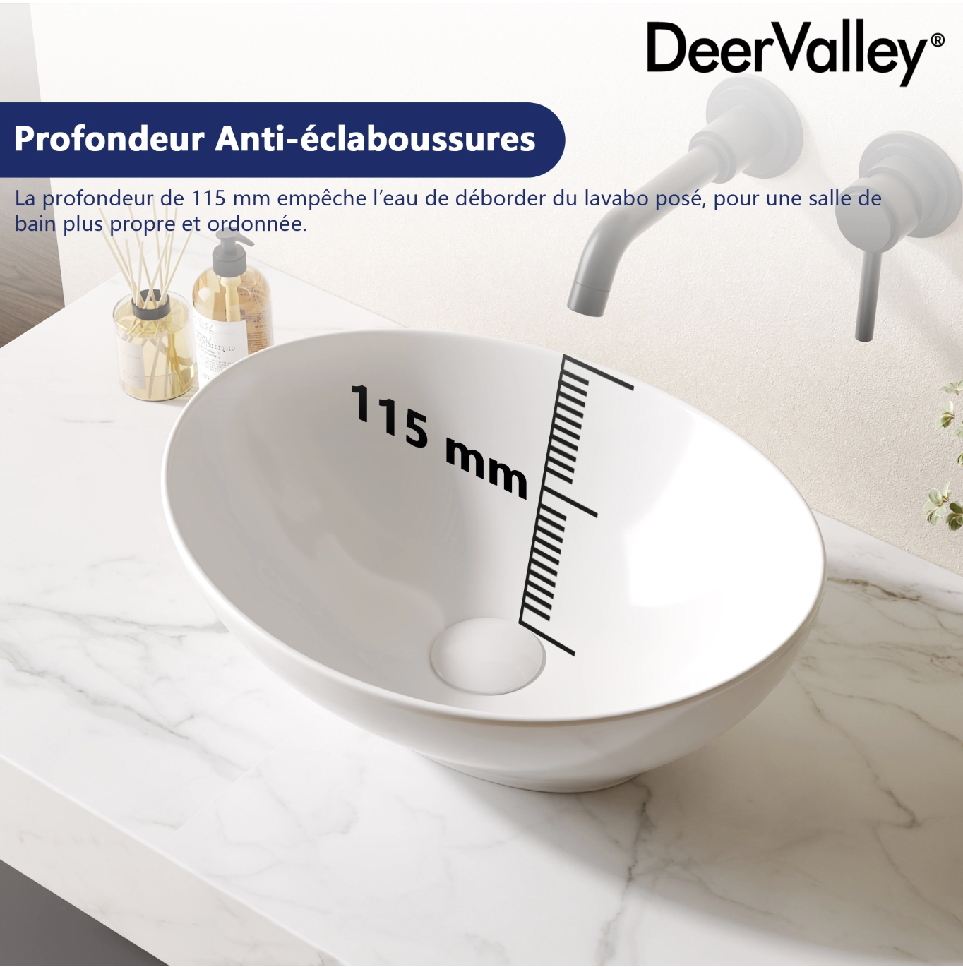 Vasque à Poser Salle de Bain Ovale DeerValley – Vasque a Poser en Céramique Blanc, 41.5 x 34 x 15cm miniature 3