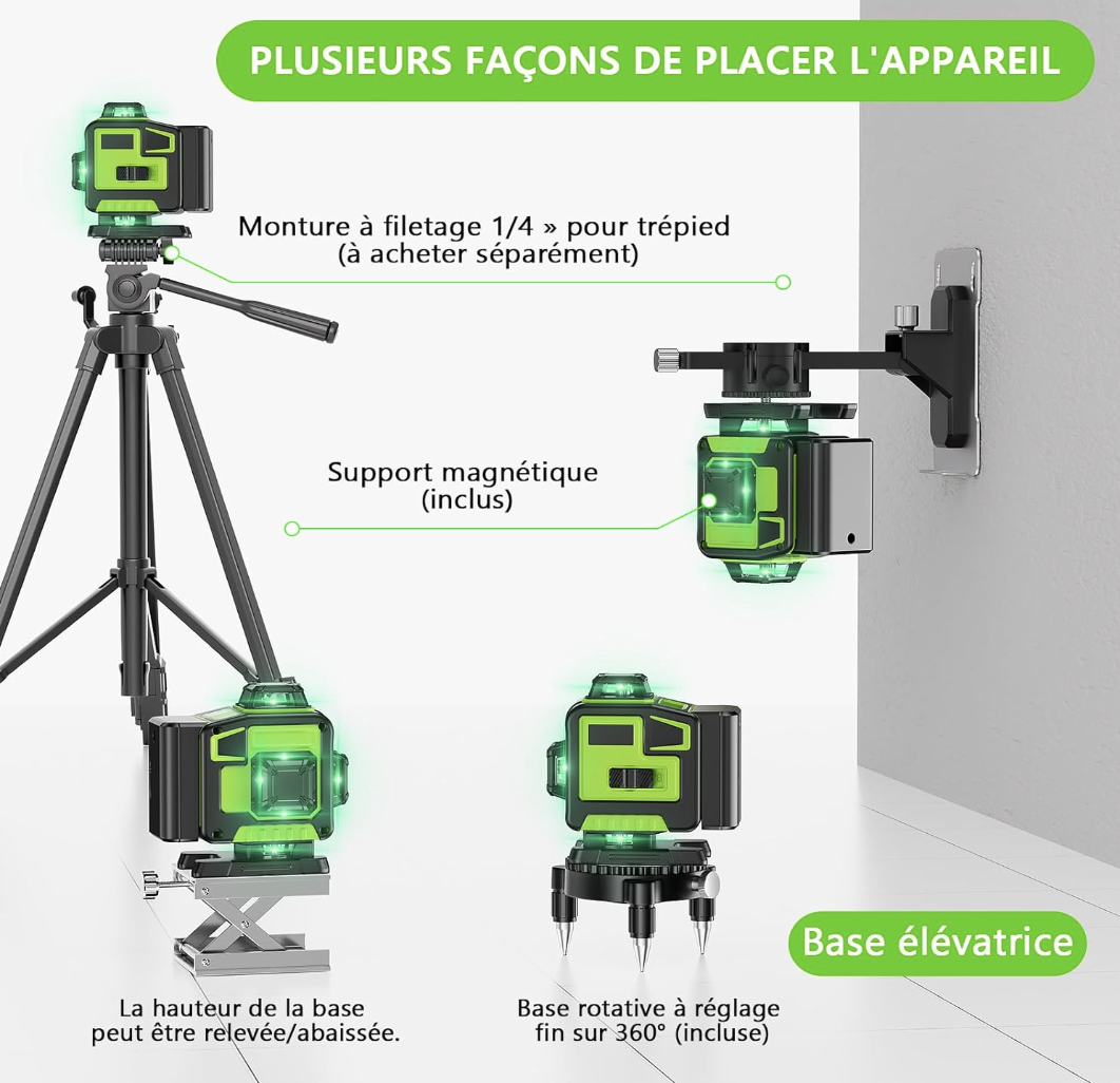 Niveau Laser Chantier Autonivelant 360° x 4, Lazer Niveaux 4D 16 Lignes Laser, Mode Impulsion ExtéRieur, 2 x Batterie, Nivellement Automatique miniature 4
