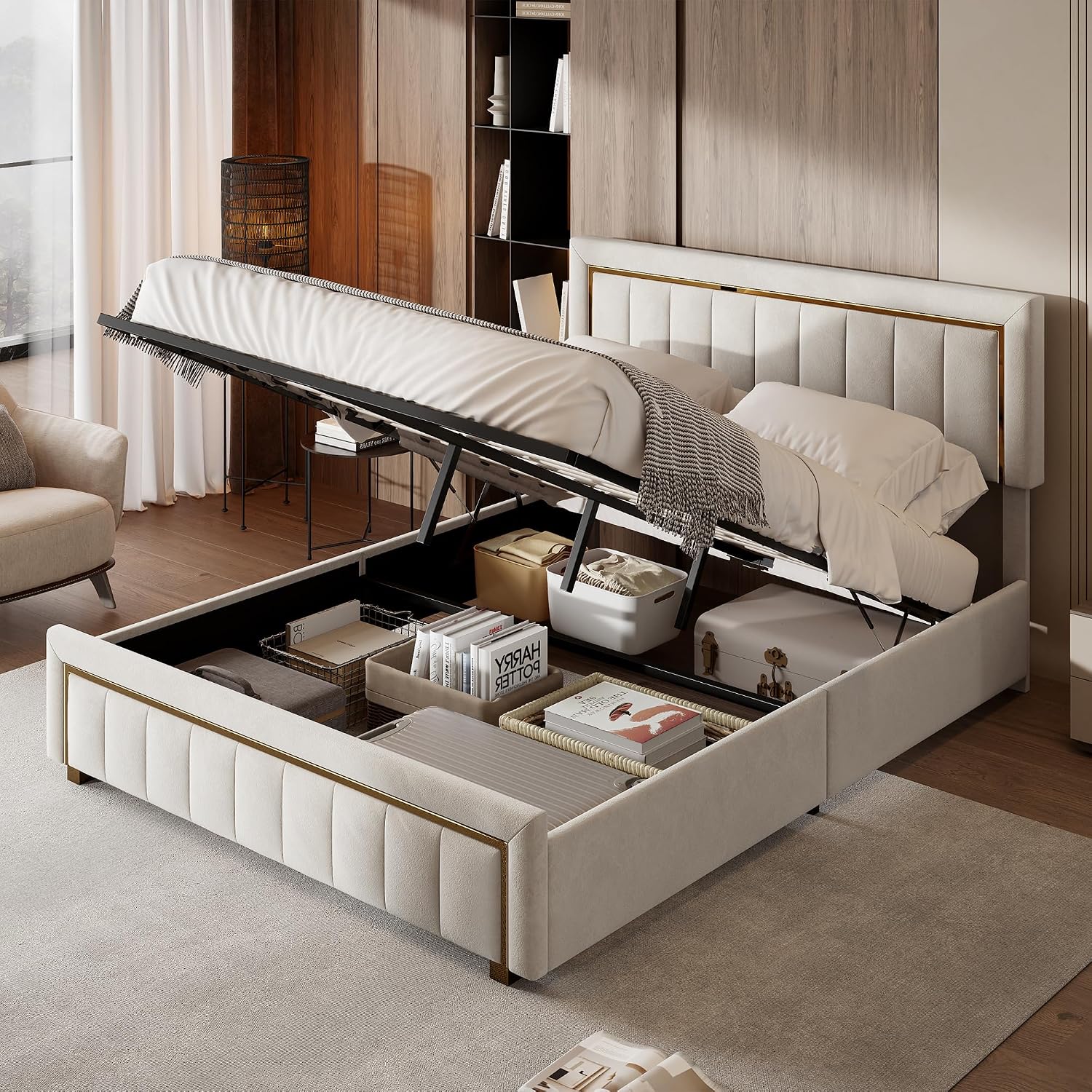 Mutuolux Lit Coffre 160x200 de Rangement avec Tête de Lit Matelassée, Lits Double avec Hydraulique et sommier à Lattes,Cadre en Velours Blanc avec Bordures miniature 6