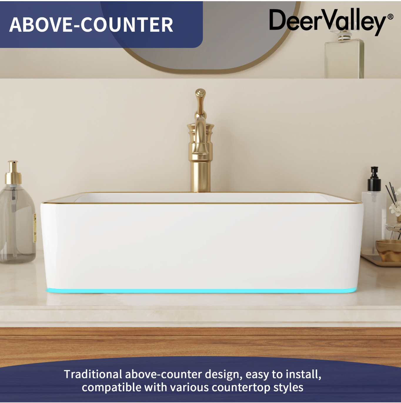 Vasque à poser rectangulaire en céramique Blanc avec des bords dorés 48 x 37 x 14cm – Pour salle de bain – DeerValley miniature 3