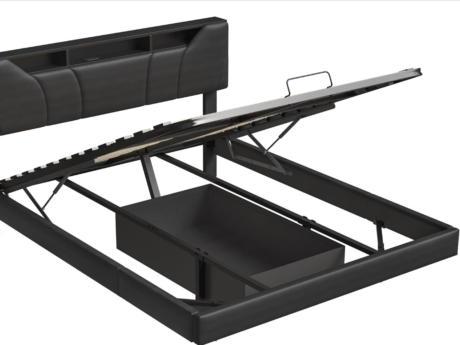 JDEFARF Lit double suspendu avec coffre et LED 160 x 200 cm, lit coffre rembourré en polyuréthane noir, lit double avec tête de lit miniature 6