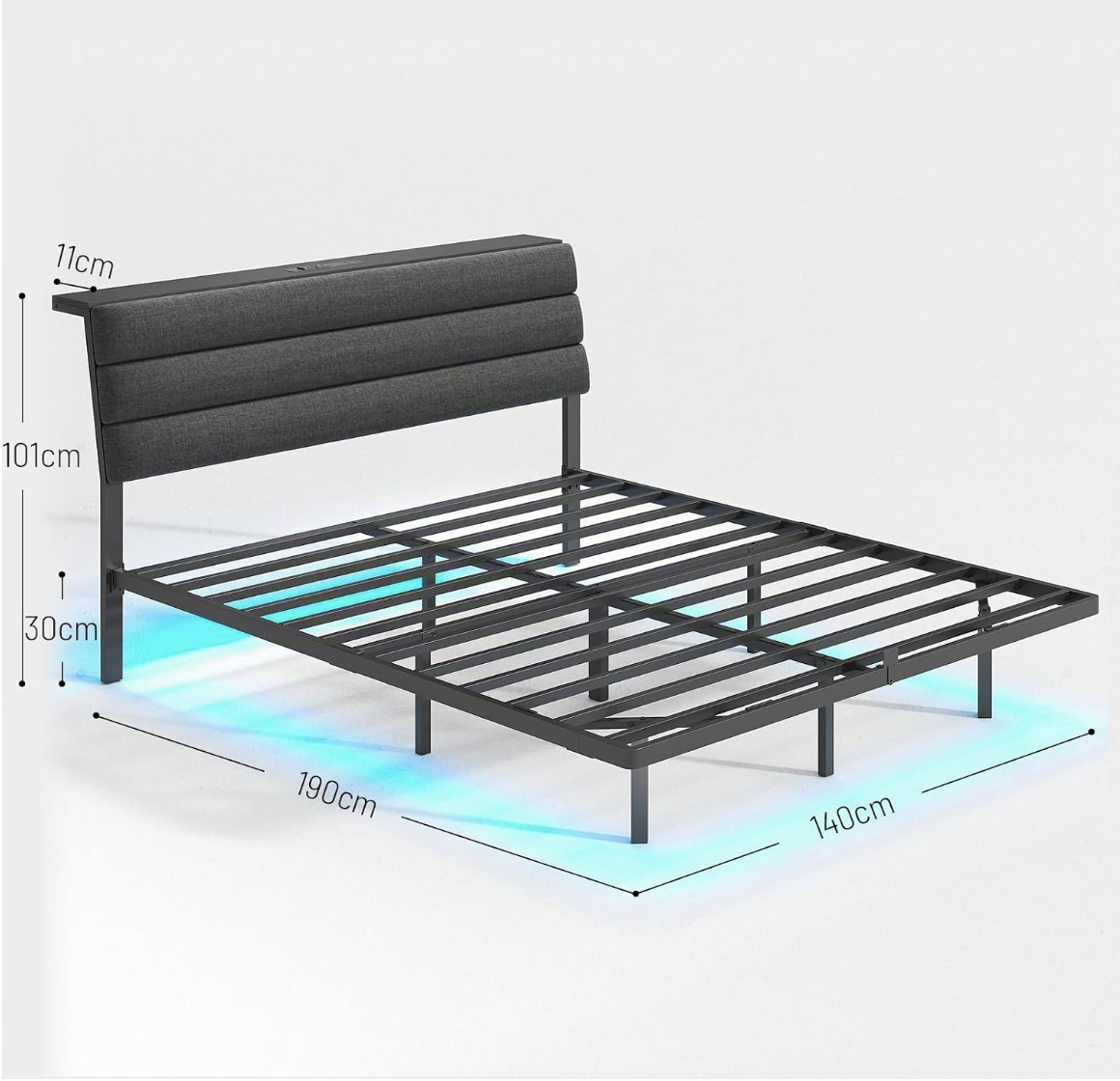STHYTON 140 x 190 cm Cadre de Lit, Lit Flottant Suspendu avec Éclairage LED, Tête de Lit Rembourrée avec Rangement et Multiprise, Structure Métallique miniature 2