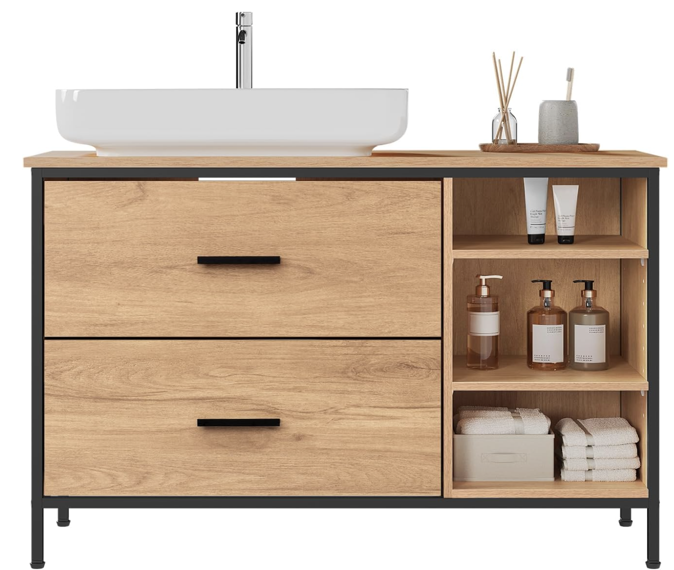 Meuble sous-lavabo sur Pied, Chêne et Noir (90x30x60cm+Panneau Droit)