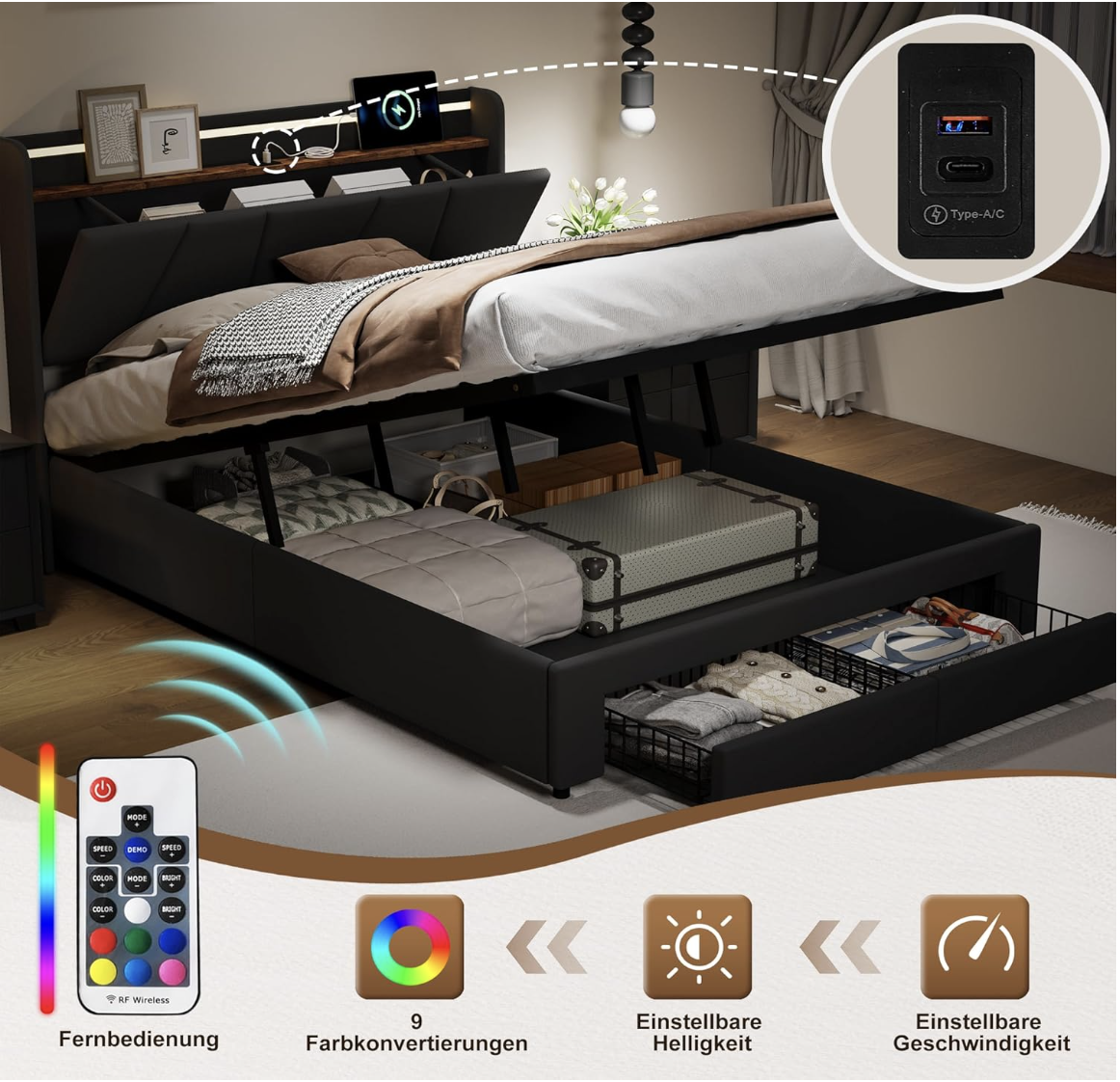 QMTXBYJ lit Coffre 140x190 avec Éclairage LED et Port USB,lit Hydraulique avec Étagères Ouvertes et Rangement Caché en Tête de Lit Capitonné miniature 6
