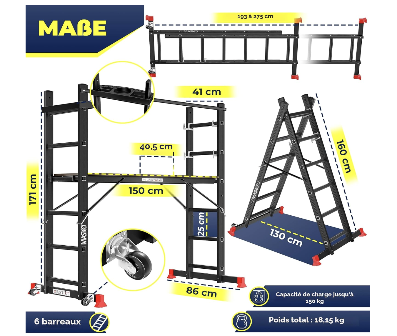 Masko® Echafaudage de Construction en Aluminium, Cadre en Aluminium, échelle, Cadre de Plate-Forme de Travail, jusqu'à 150 kg, revêtement antidérapant miniature 3