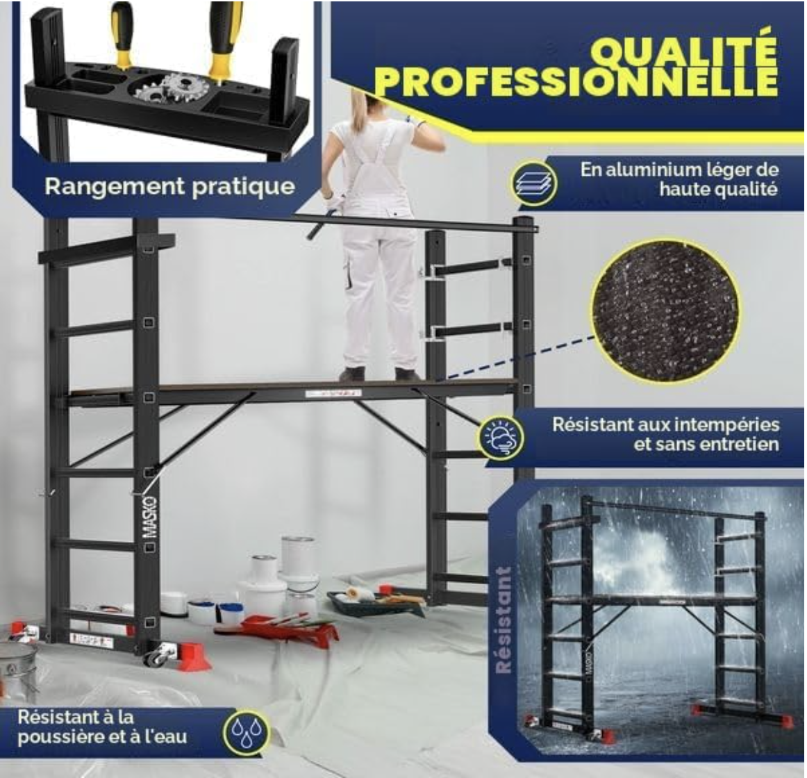 Masko® Echafaudage de Construction en Aluminium, Cadre en Aluminium, échelle, Cadre de Plate-Forme de Travail, jusqu'à 150 kg, revêtement antidérapant