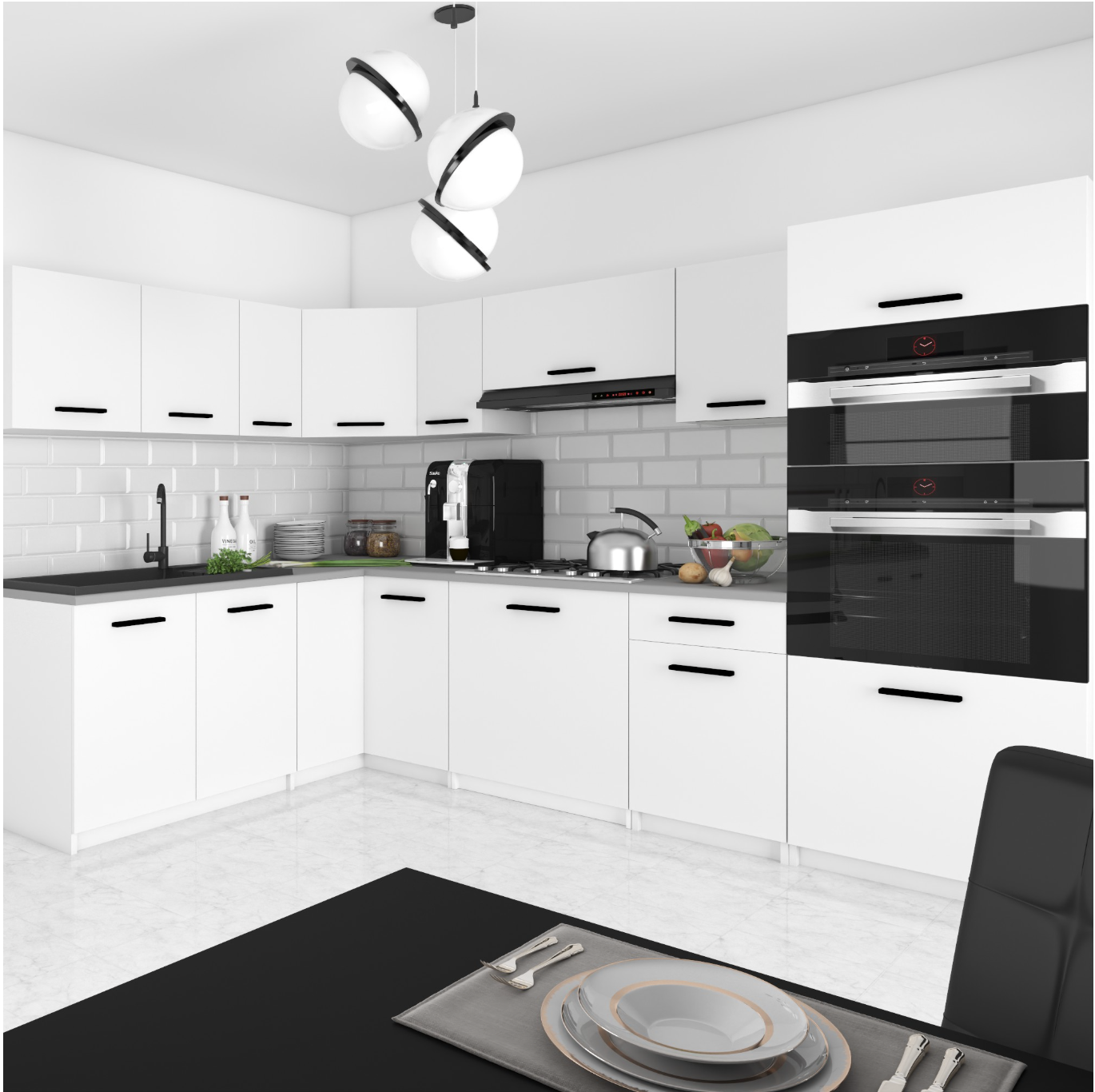 BELINI Cuisine Equipee Complete ITALIA 8 - 420 cm. Cuisine en L avec Plan de Travail, Blanc Mat