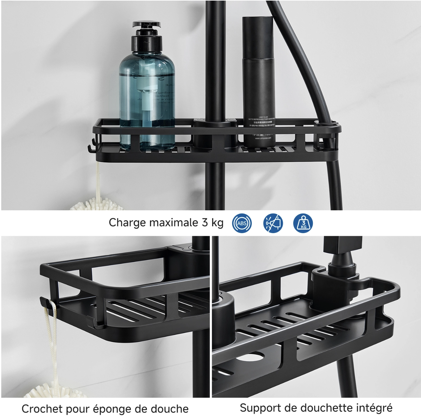Auralum Max Colonne Douche Sans Mitigeur Noire,Tête Carrée 30×30 cm,Hauteur Réglable 72-110 cm,Douchette Main,Étagère Sans Perçage/Flexible 1,5 m miniature 3