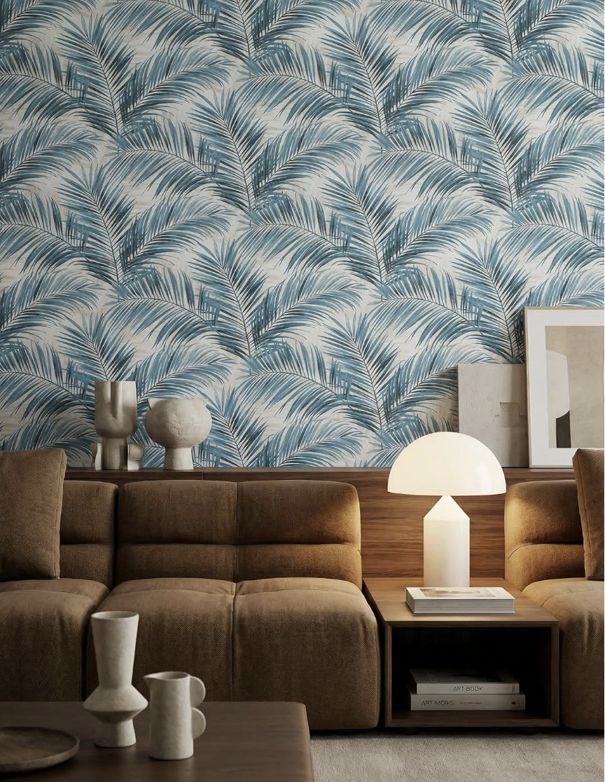 papier peint intissé bleu pétrole feuilles de palmier boho salon | Indigo mat sur crème, structure lisse, sans raccord, motif floral, décoration miniature 4