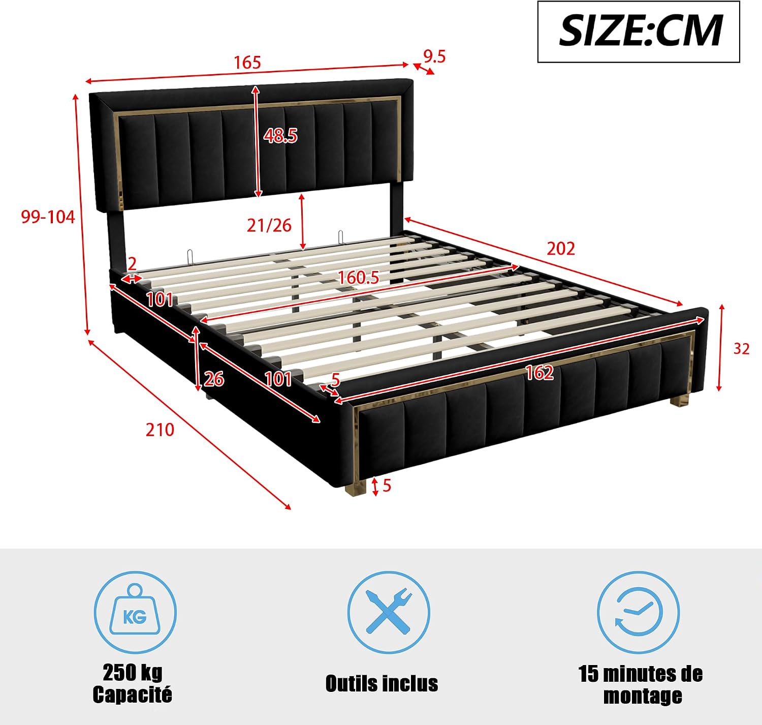 Mutuolux Lit Coffre 160x200 de Rangement avec Tête de Lit Matelassée, Lits Double avec Hydraulique et sommier à Lattes,Cadre en Velours Noir avec Bordures miniature 2