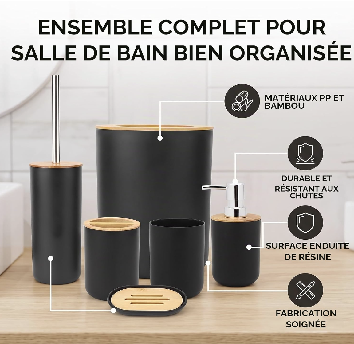 Ensemble d'Accessoires de Salle de Bain 6 Pièces, Noir, Distributeur de Lotion, Porte-Brosse à Dents, Tasse à Dents, Porte-Savon, Brosse de Toilette, Poubelle miniature 5