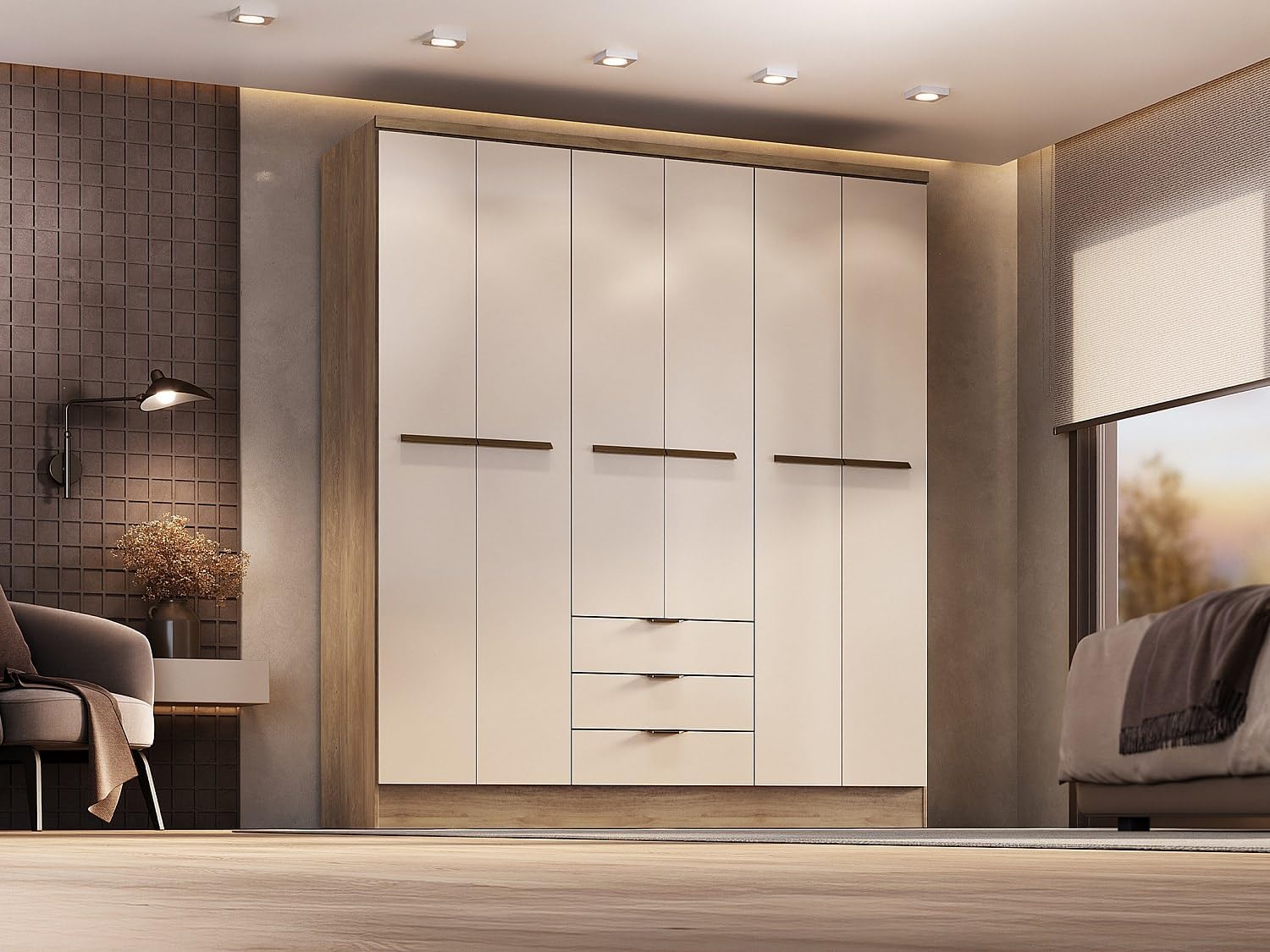 Deine Tante Emma Forte Narago 270 Armoire à Portes coulissantes avec Portes pivotantes Blanc combiné avec décor en Bois chêne Sonoma 270,3 cm de Large x 210,5 cm de Haut x 61,2 cm de Profondeur