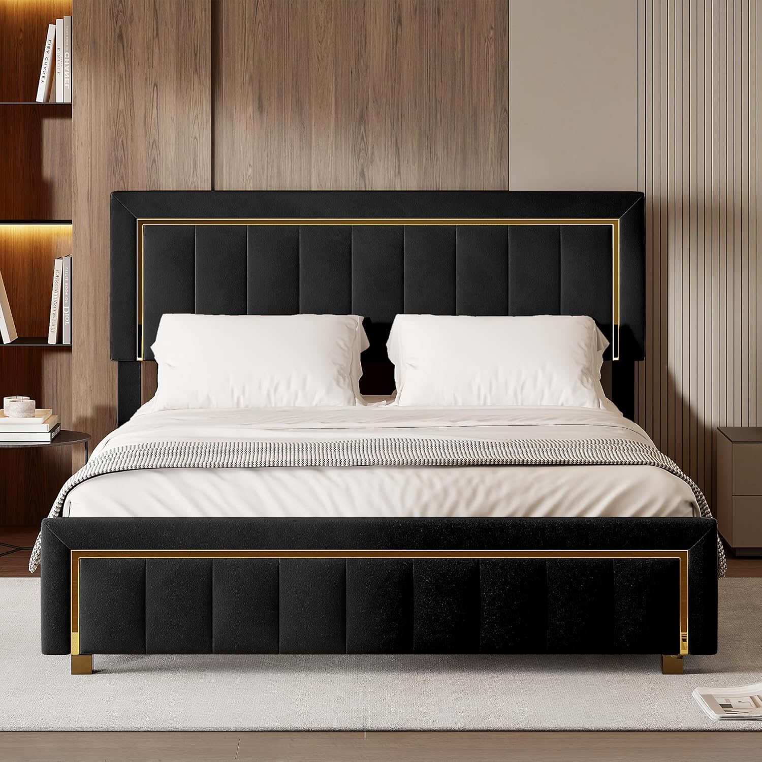 Mutuolux Lit Coffre 160x200 de Rangement avec Tête de Lit Matelassée, Lits Double avec Hydraulique et sommier à Lattes,Cadre en Velours Noir avec Bordures — photo 1