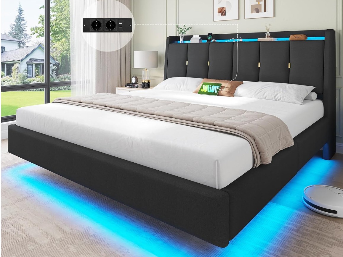 Brinlawb Lit Flottant 180x200 cm avec Dossier Confortable Incliné Rembourré et Rangement Caché, Lit 180x200 avec Sommier avec Éclairage LED et Multiprise