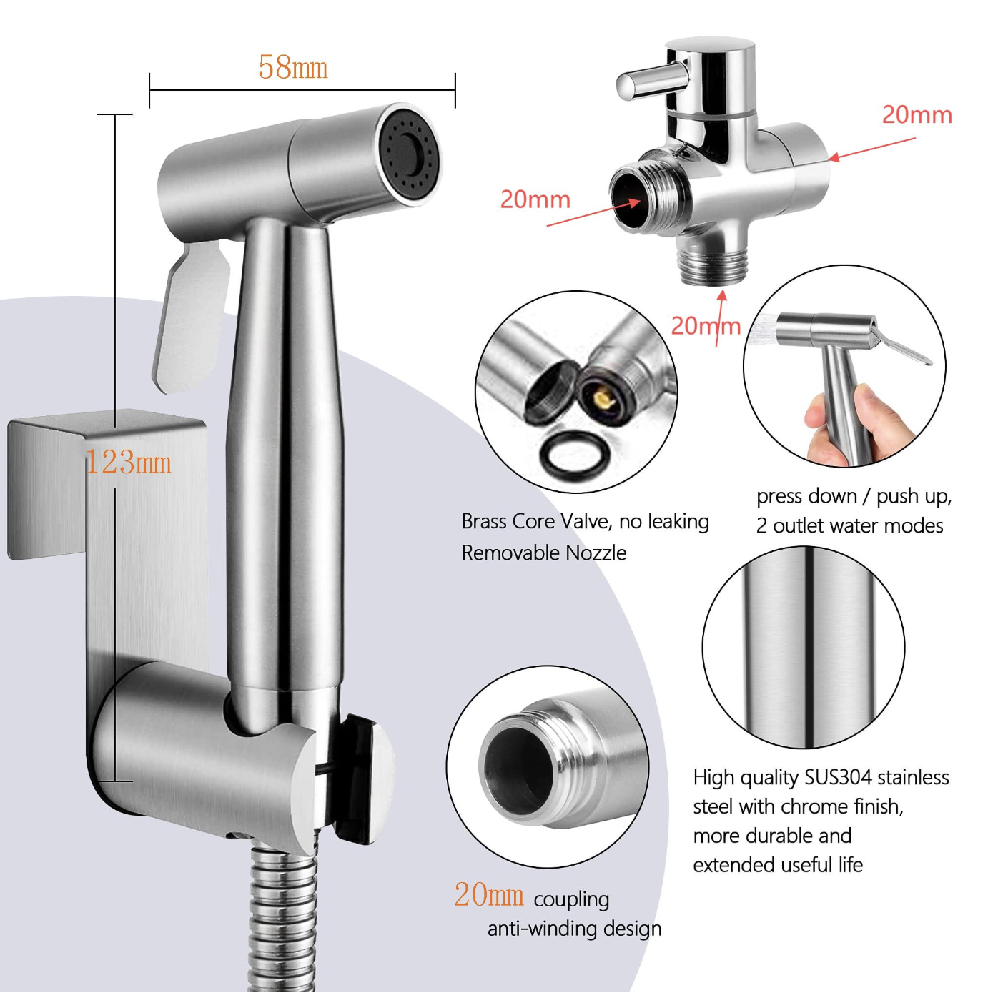 2 Pulvérisateur de bidet de toilette en acier inoxydable, pulvérisateur de toilette portatif avec tuyau de 1,5 et vanne de dérivation de 20mm (argent) miniature 2