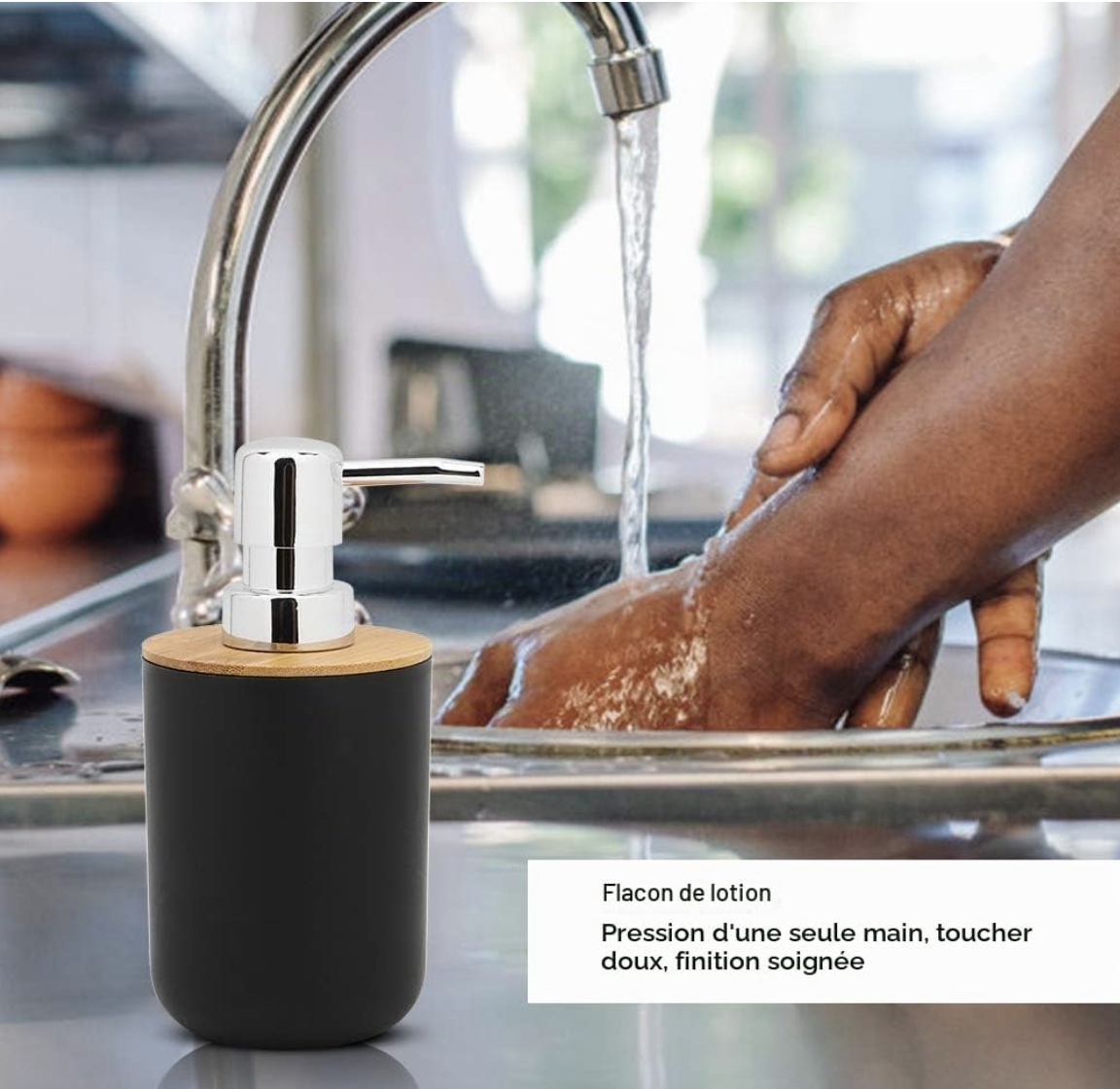 Ensemble d'Accessoires de Salle de Bain 6 Pièces, Noir, Distributeur de Lotion, Porte-Brosse à Dents, Tasse à Dents, Porte-Savon, Brosse de Toilette, Poubelle miniature 3