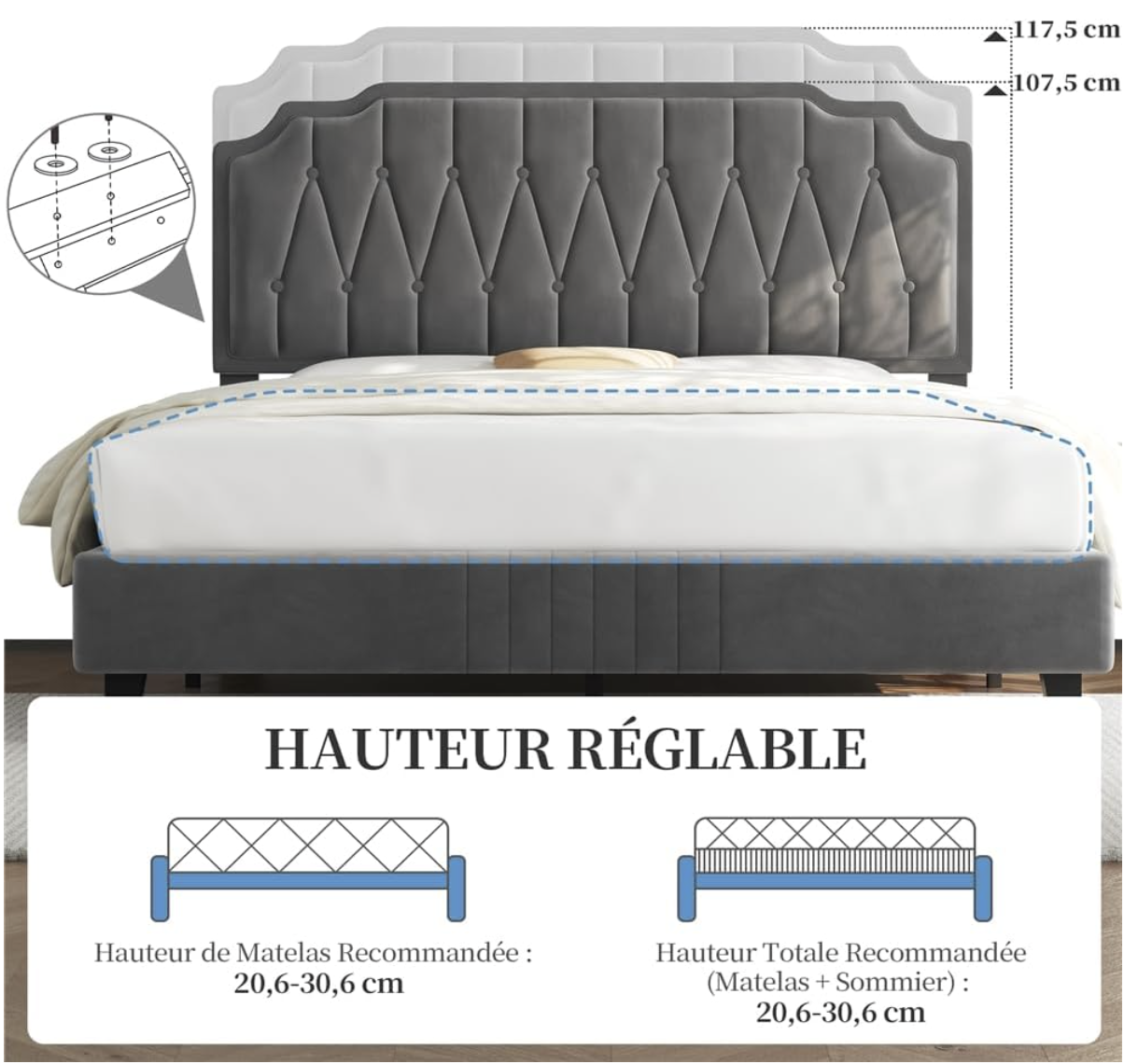  Yaheetech Lit Double 140x200cm avec Sommier Tête Capitonnée Gris Foncé | Cadre de Lit pour Adultes 2 Personnes 2 place tête de Lit Rembourrée Ajustable Bois miniature 4