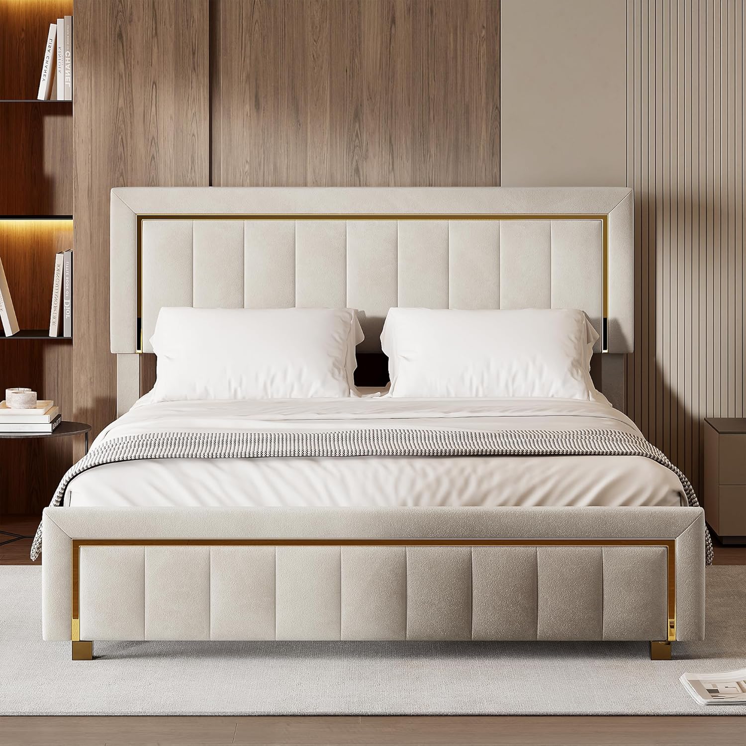 Mutuolux Lit Coffre 160x200 de Rangement avec Tête de Lit Matelassée, Lits Double avec Hydraulique et sommier à Lattes,Cadre en Velours Blanc avec Bordures miniature 2