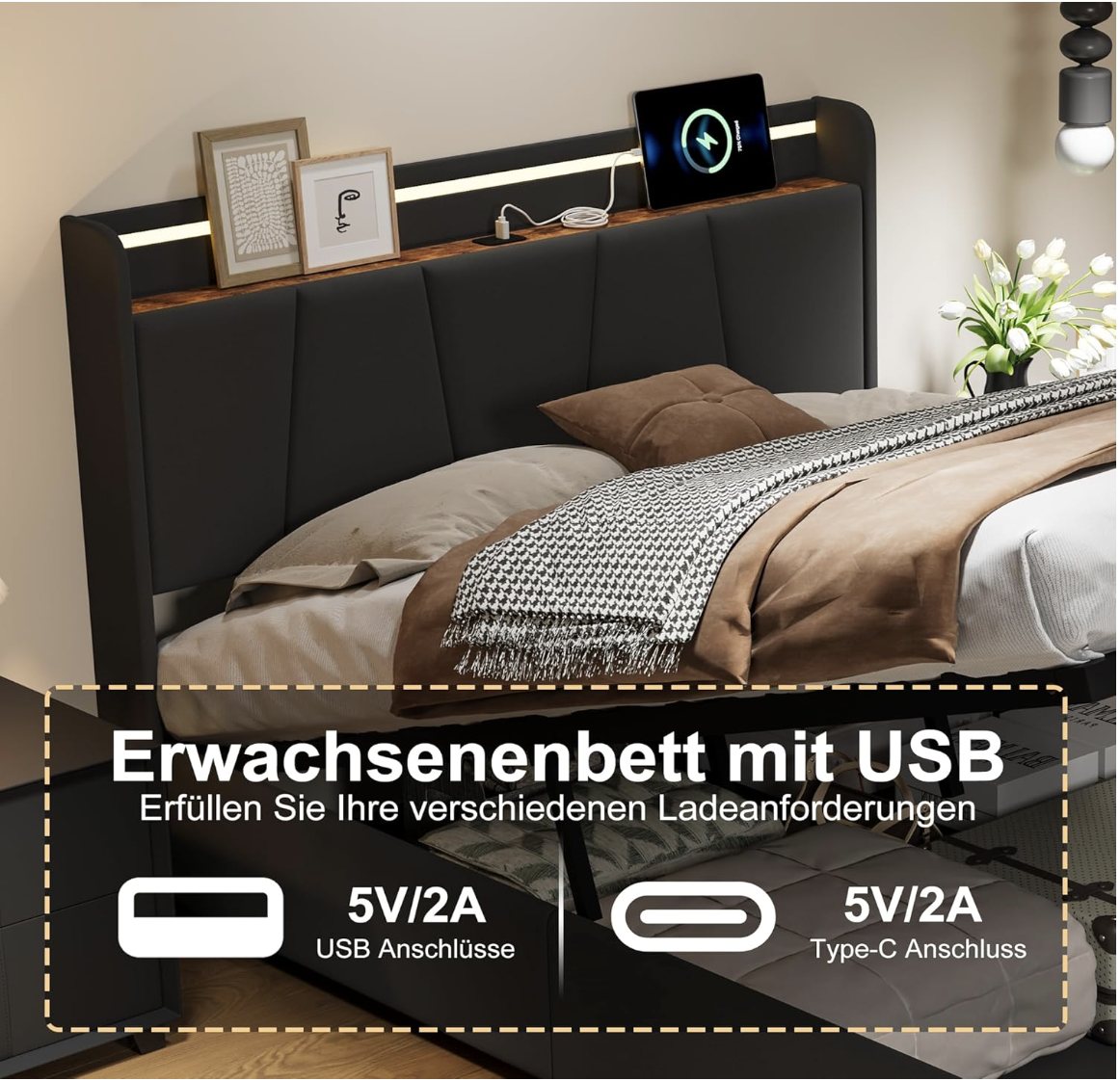 QMTXBYJ lit Coffre 140x190 avec Éclairage LED et Port USB,lit Hydraulique avec Étagères Ouvertes et Rangement Caché en Tête de Lit Capitonné miniature 5
