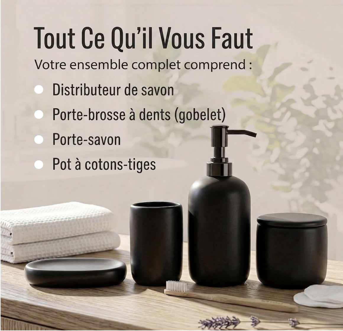 Ensemble d'Accessoires de Salle de Bain en Céramique | 4pk | Noir | Distributeur de Savon + Porte-Brosses à Dents + Porte-Savon + Gobelet miniature 2