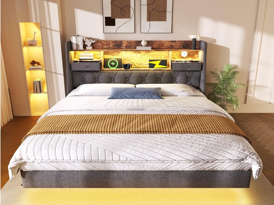 KOMHTOM Lit Suspendu Rembourré avec éclairage LED(180x200CM-Gris) | Lit Double Moderne,2 Tiroirs,Ports USB et Type-C,Tête de lit à Rangement et Sommier miniature 5