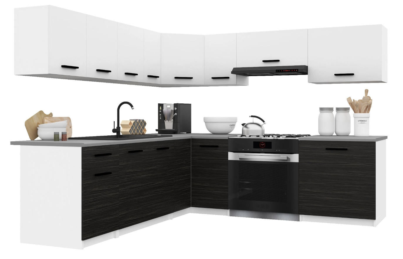 Cuisine Equipee Complete ITALIA 7 - 420 cm. Cuisine en L avec Plan de Travail, Blanc Mat/Ébène — photo 1