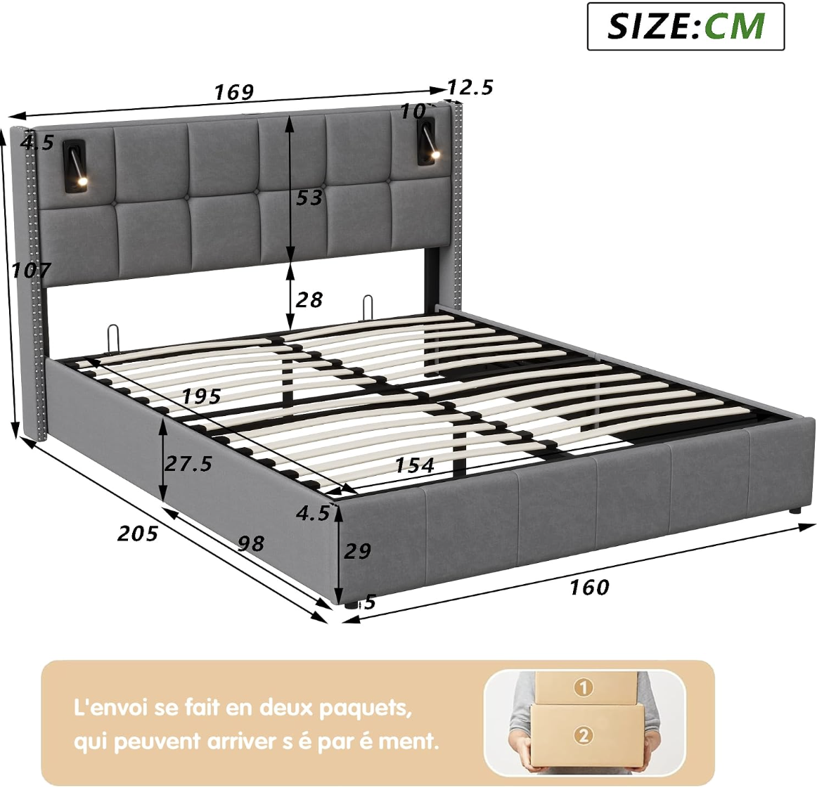 Henunem Lit Coffre 160x200,Lits Hydraulique avec Fonction de Rangement,lit Double 160x200 cm avec Lampe de Lecture et Sommier à Lattes, lit 2 Personnes miniature 2
