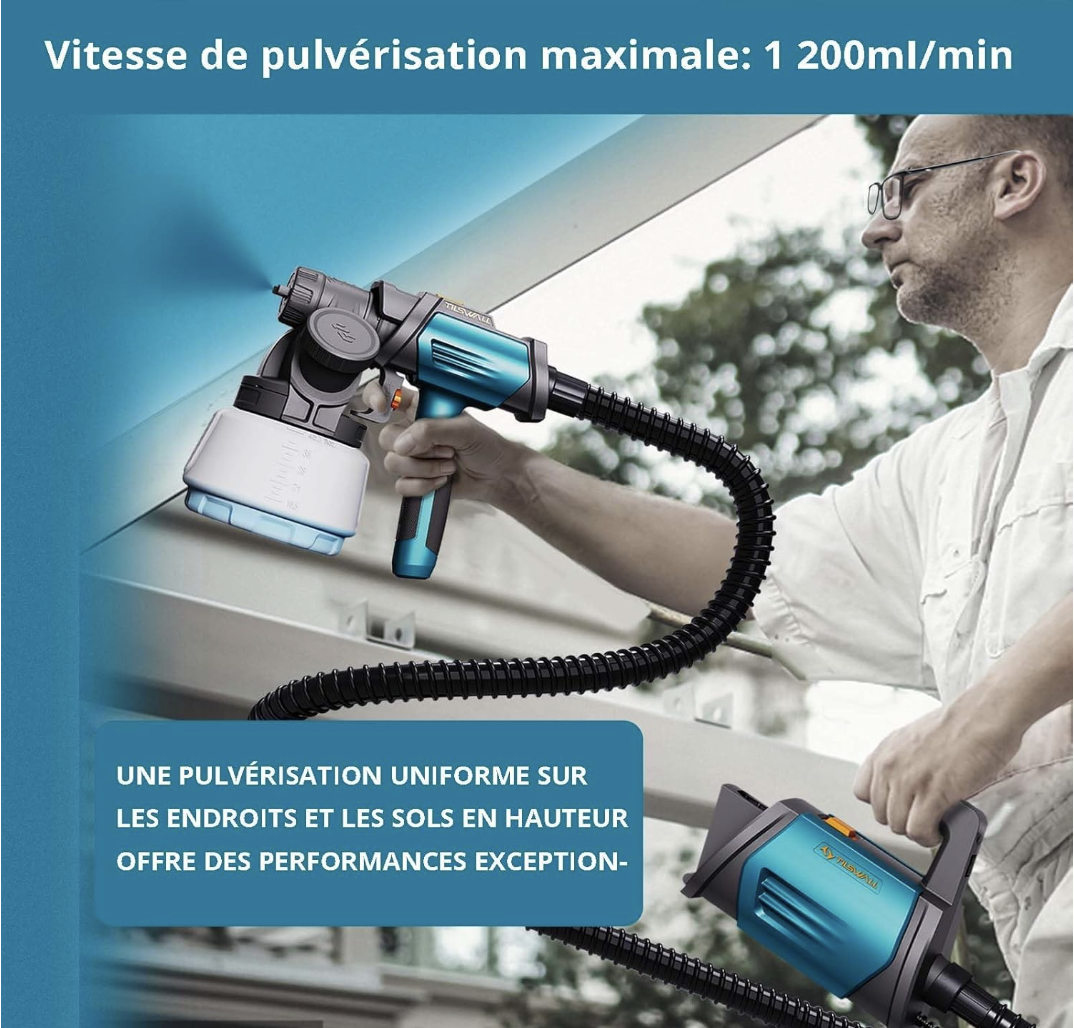 Tilswall Pistolet à Peinture Shark800, Pistolet Peinture Electrique, Bleu | Réservoir Latéral 1300 ML, 4 Buses en Cuivre et 3 Modes miniature 4