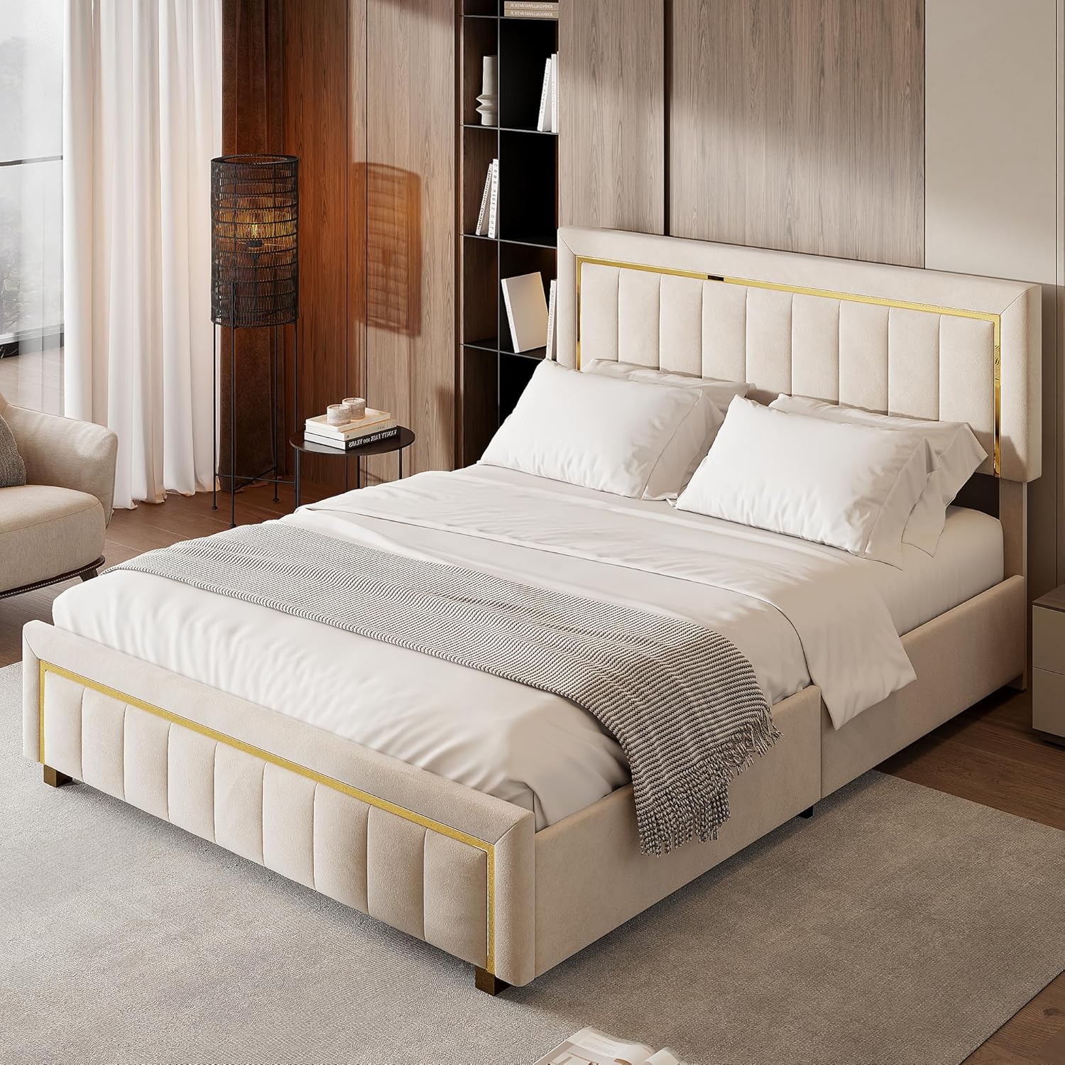 Mutuolux Lit Coffre 160x200 de Rangement avec Tête de Lit Matelassée, Lits Double avec Hydraulique et sommier à Lattes,Cadre en Velours Blanc avec Bordures miniature 5