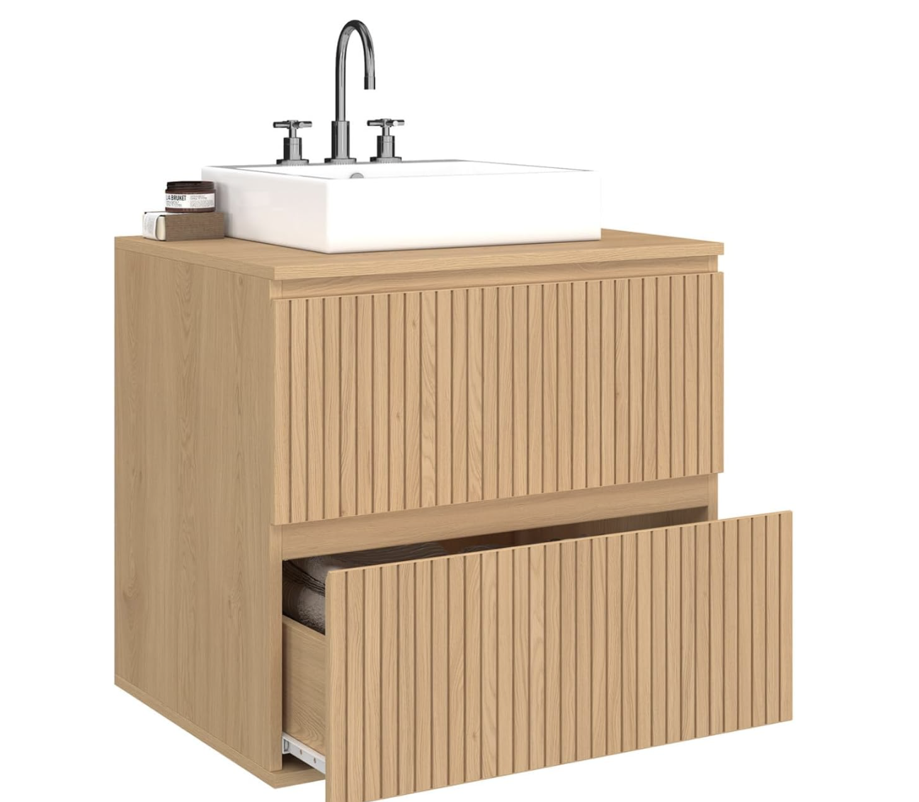 Meuble sous Vasque Suspendu Salle de Bain Victor Effet Lattes | Avec 2 tiroirs miniature 5